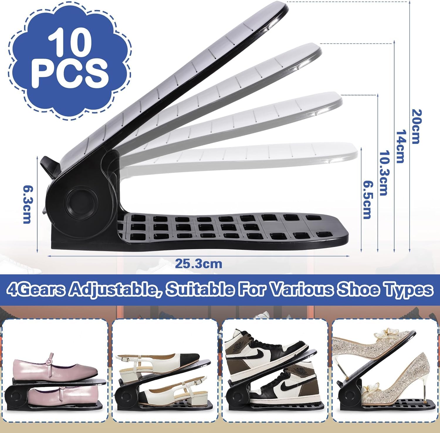 10 Pezzi Organizer Scarpe Impilabile, Portascarpe Salvaspazio Antiscivolo et Regolabile in Altezza, Porta Scarpe da Armadio Salvaspazio per Organizzare il Guardaroba, Nero