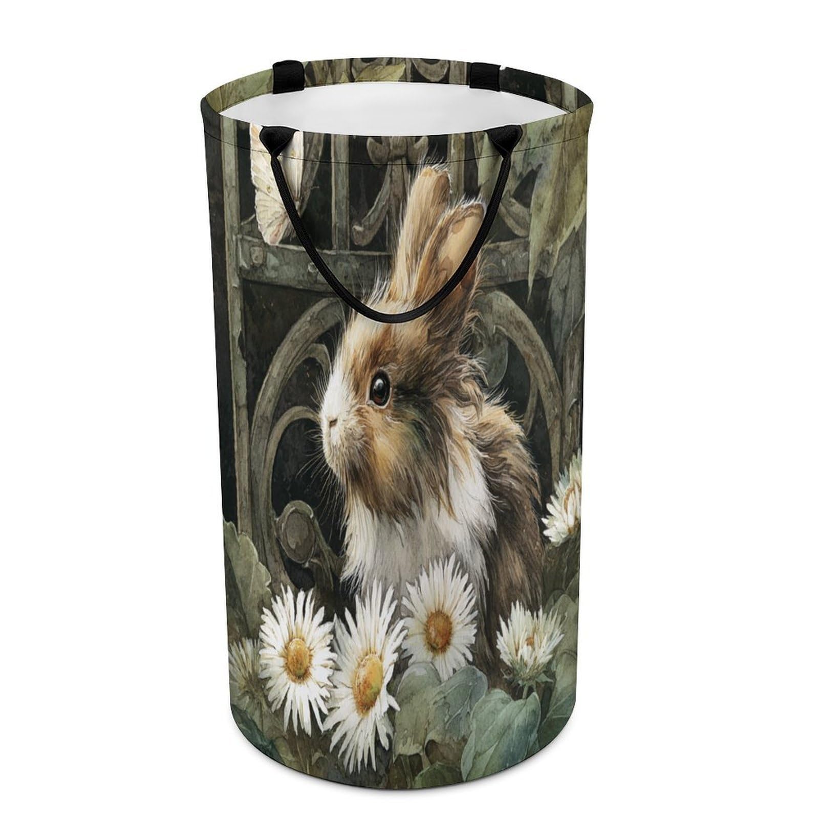 LUYYSKY Beautiful Classic Cute Rabbits Versatile Storage Laundry Basket, Colorful Watercolor Spring Garden Daisies Floral Animal Bunny Large Capacity Bathroom Hamper With Handle