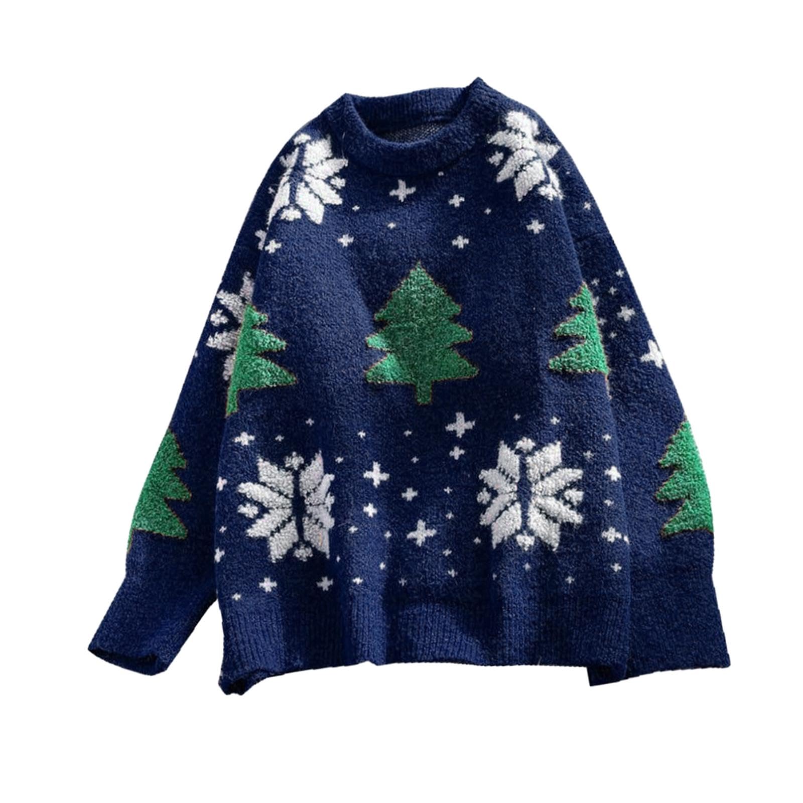 Oshhni Weihnachtspullover Damenpullover Sweatshirt Kleidung Pullover Tops Rundhalsausschnitt Langarmpullover Pullover für das Winterfest, Dunkelblau