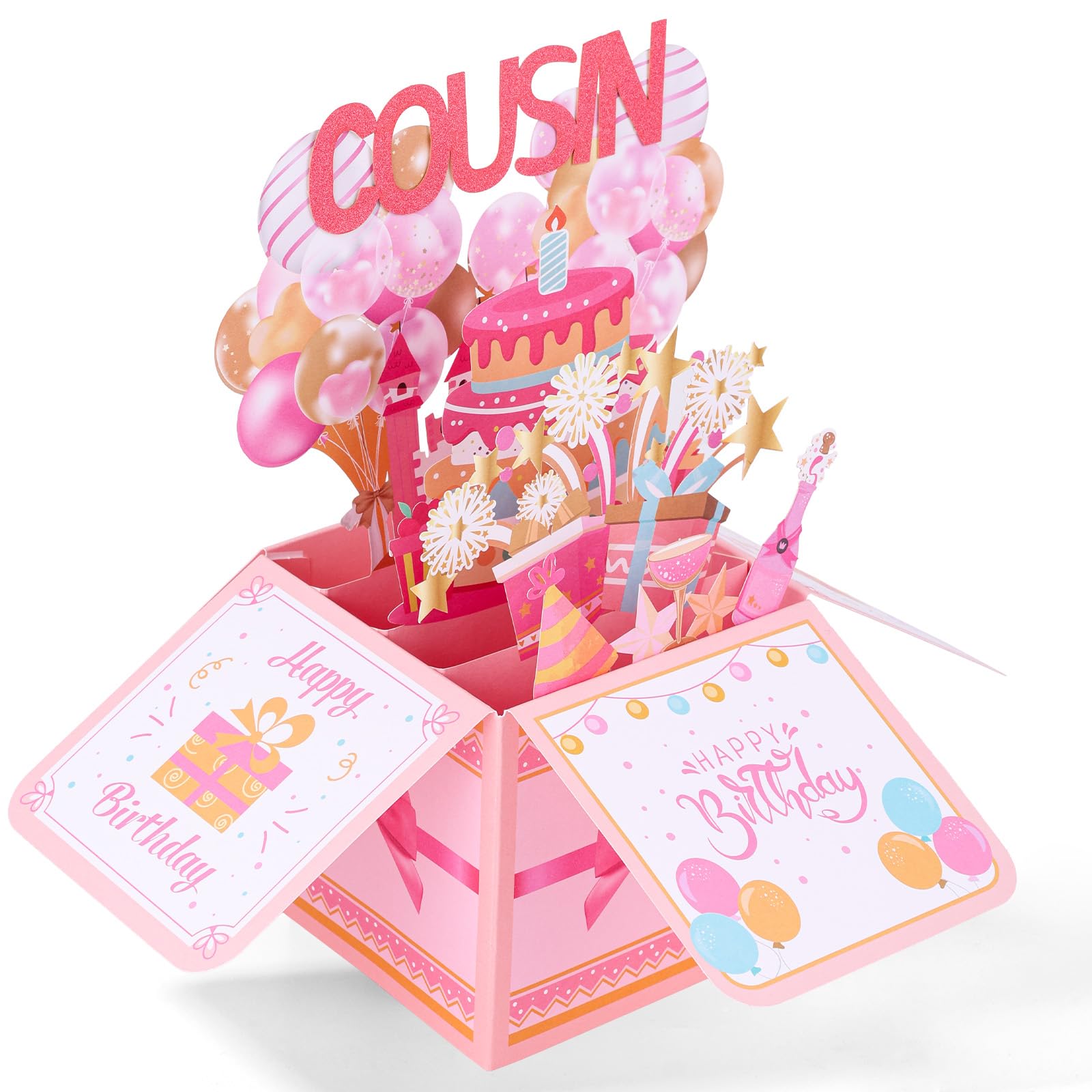 Happy Cousin Pop up Birthday Card, Pink Girly 3D Birthday Gift Box Foldable Pop up Gift Box with Envelope Greeting Card for Cousin
