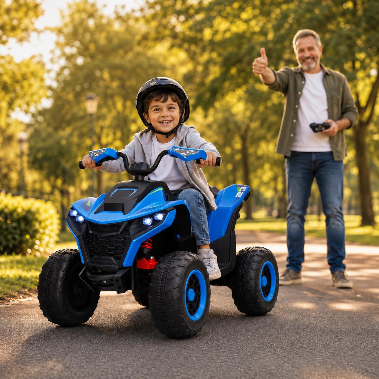 Quad elettrico per bambini 24 V ATAA Vengeance blu moto a batteria per bambini con telecomando luci LED musica e Bluetooth