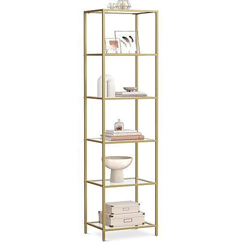 VASAGLE Bookcase, 6-Tier Bookshelf, Slim Shelving Unit for Bedroom, Bathroom, Home Office, Tempered Glass, Steel Frame, Metallic Gold ULGT500A01