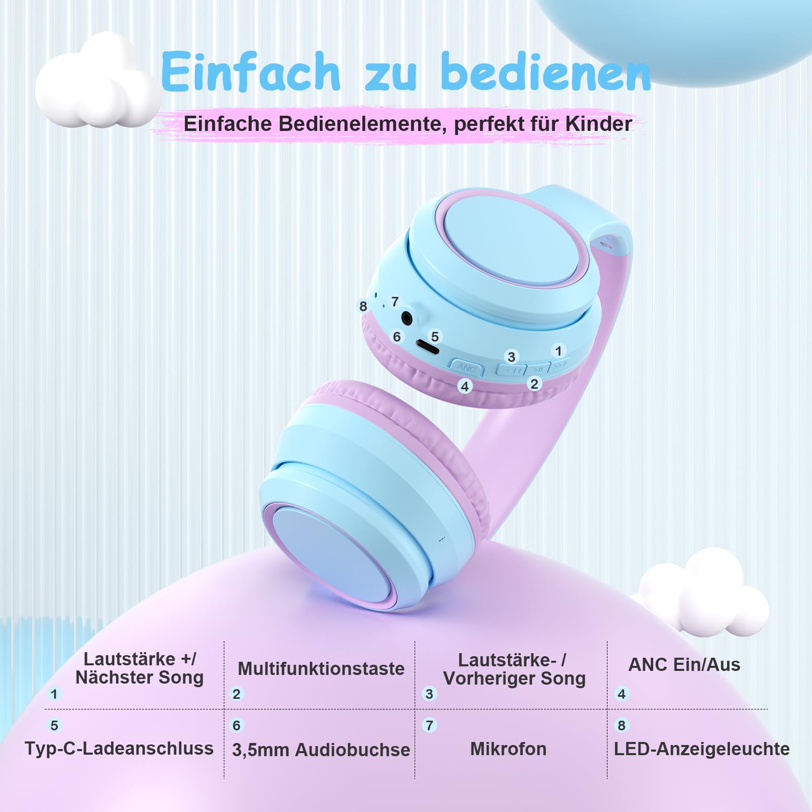 TONOSHARK Kinderkopfhörer Bluetooth | Bluetooth Kopfhörer Kinder | Noise Cancelling Kopfhoerer Kinder | Over-Ear | Kabellos | Mit Mikrofon | 60h Spielzeit - Für Schule/Reisen,Inkl. Tragetasche (Lila)