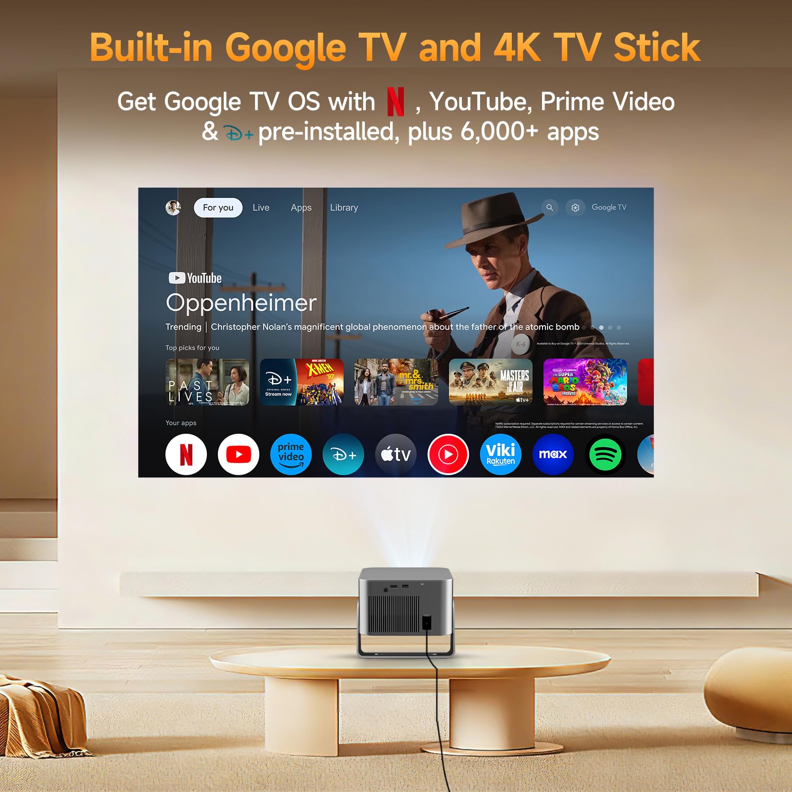 Proiettore 4K con Google TV, nativo Full HD 1080p, mini proiettore home theater, Bluetooth, WiFi, messa a fuoco automatica, correzione trapezoidale 6D