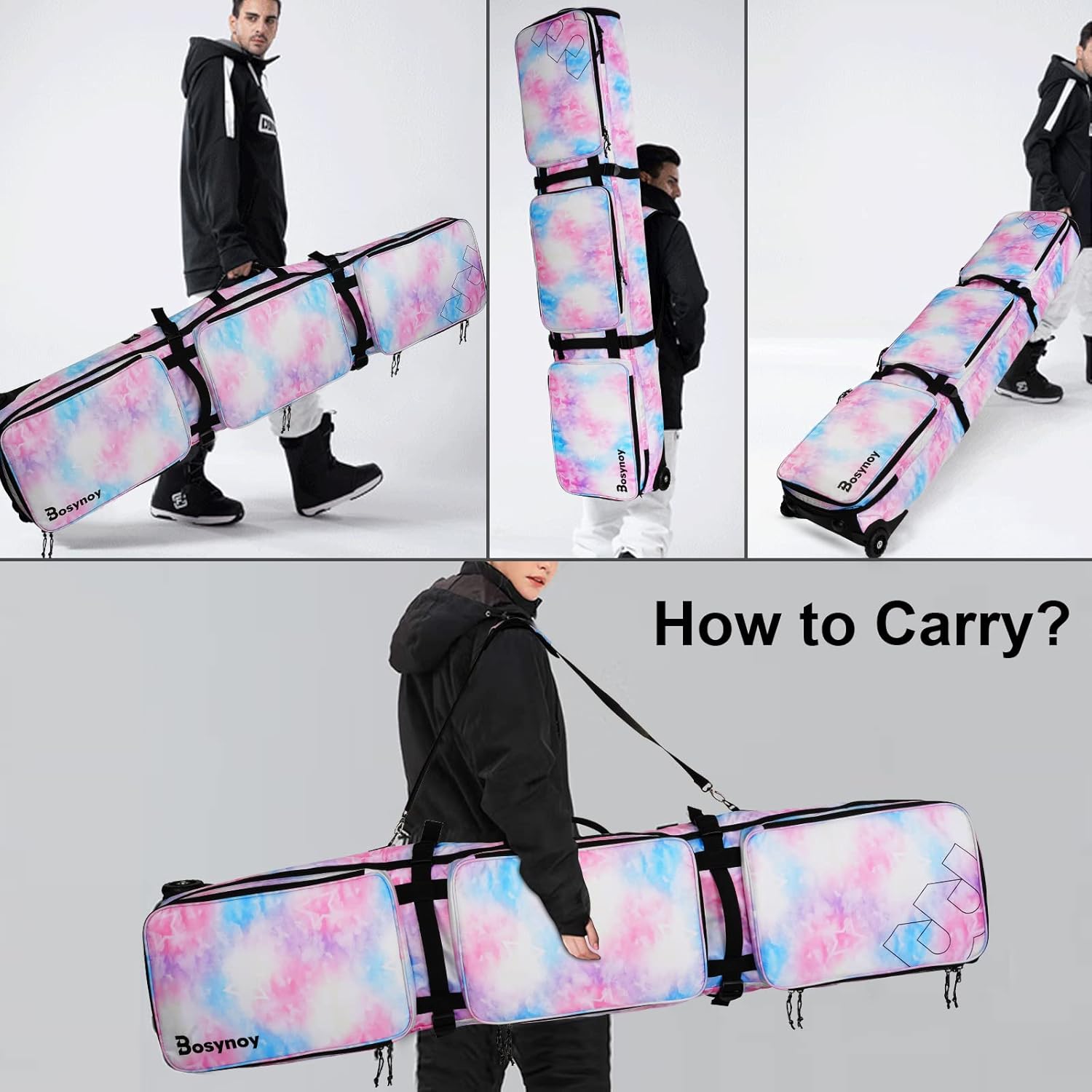 Bosynoy Ski Bag with Wheels, Waterproof Roller Snowboard Bag for Flying Air Travel, 164cm (Extendable to 175 cm) Durable Padded Ski Boot Bag Storage Ski Board Boots, Helmet, Jacket, Pink & Blk