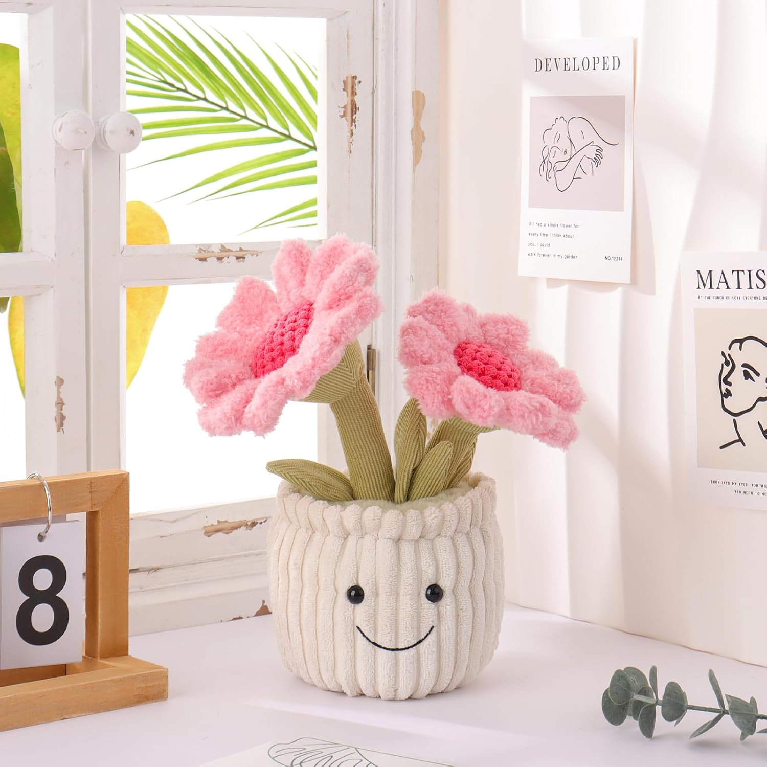 Apricot Lamb Soft Sunflower Plant Plush Toy, Stuffed Pink Flower for Kids, Soft Cute Plush Toys for Baby Girl and Boy, Fluffy Potted Sunflower