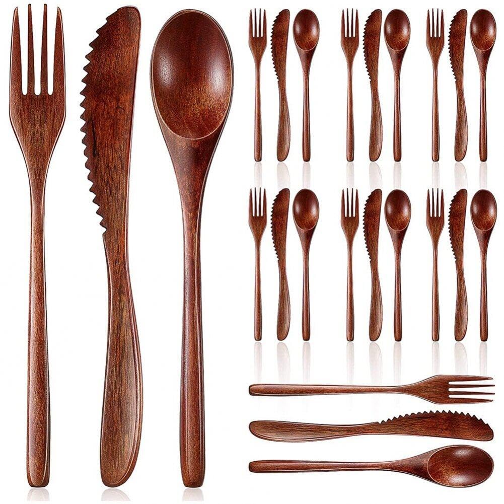 Tsffae Wooden Tableware Set 24pcs Japanese Style Spoon Fork Knife Cutlery Portable Dinnerware Reusable Travel Cutlery for Kitchen Home Restaurant Travel