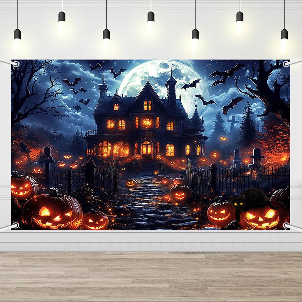 Halloween Photography Backdrop for Kids and Adults 70.8x43.3inch, Scary Haunted House Night Scene with Pumpkins Bats and Cat, Spooky Background Banner for Happy Halloween Party Photo Booth