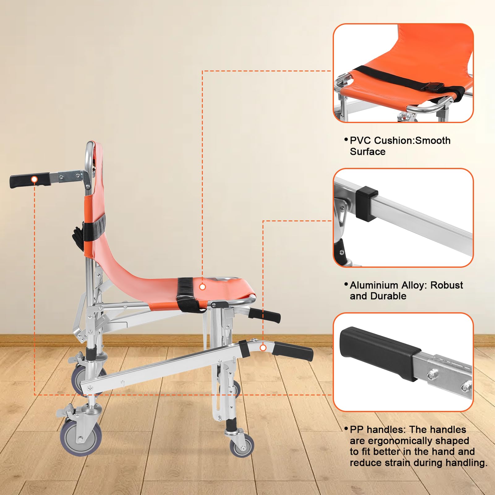 Silla de evacuación, silla de escalera de aleación de aluminio, ligera, plegable con cierre rápido, silla de evacuación para ambulancia bombero (naranja)