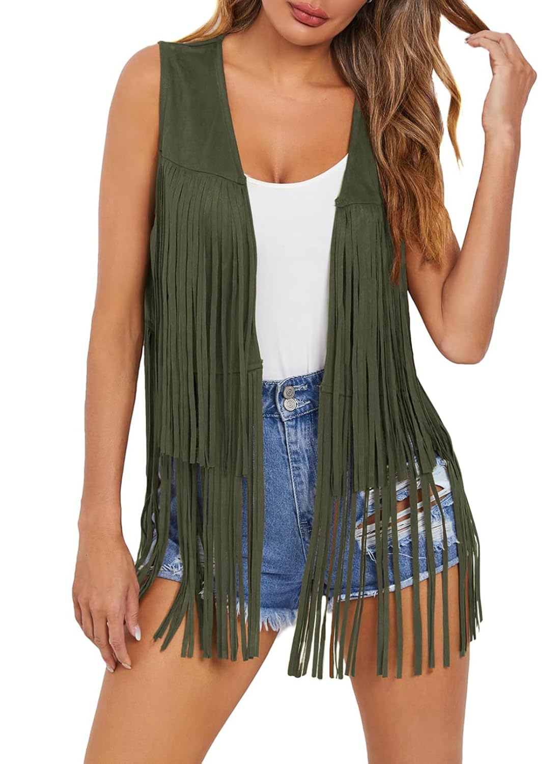 Dokotoo Womens Fringe Vest 70s Hippie Costume Sleeveless Cowgirl Western Outfits Faux Suede Tassel Leather Outerwear