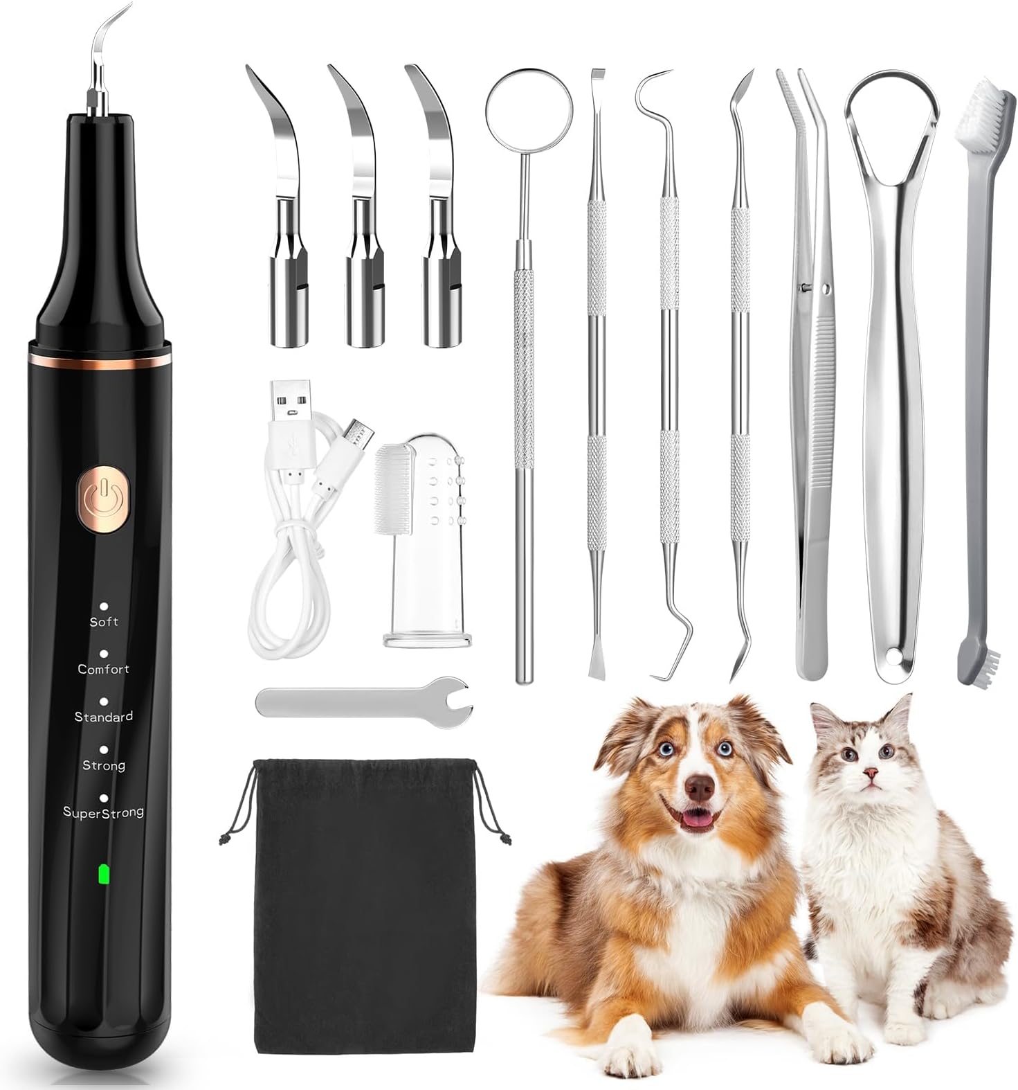 Electric Dog Plaque Remover with LED Light & 5 Modes, USB Rechargeable 12+1 Pack Dog Teeth Cleaning Kit for Dogs/Puppies - Includes Dental Scaler & Finger Toothbrush, Black