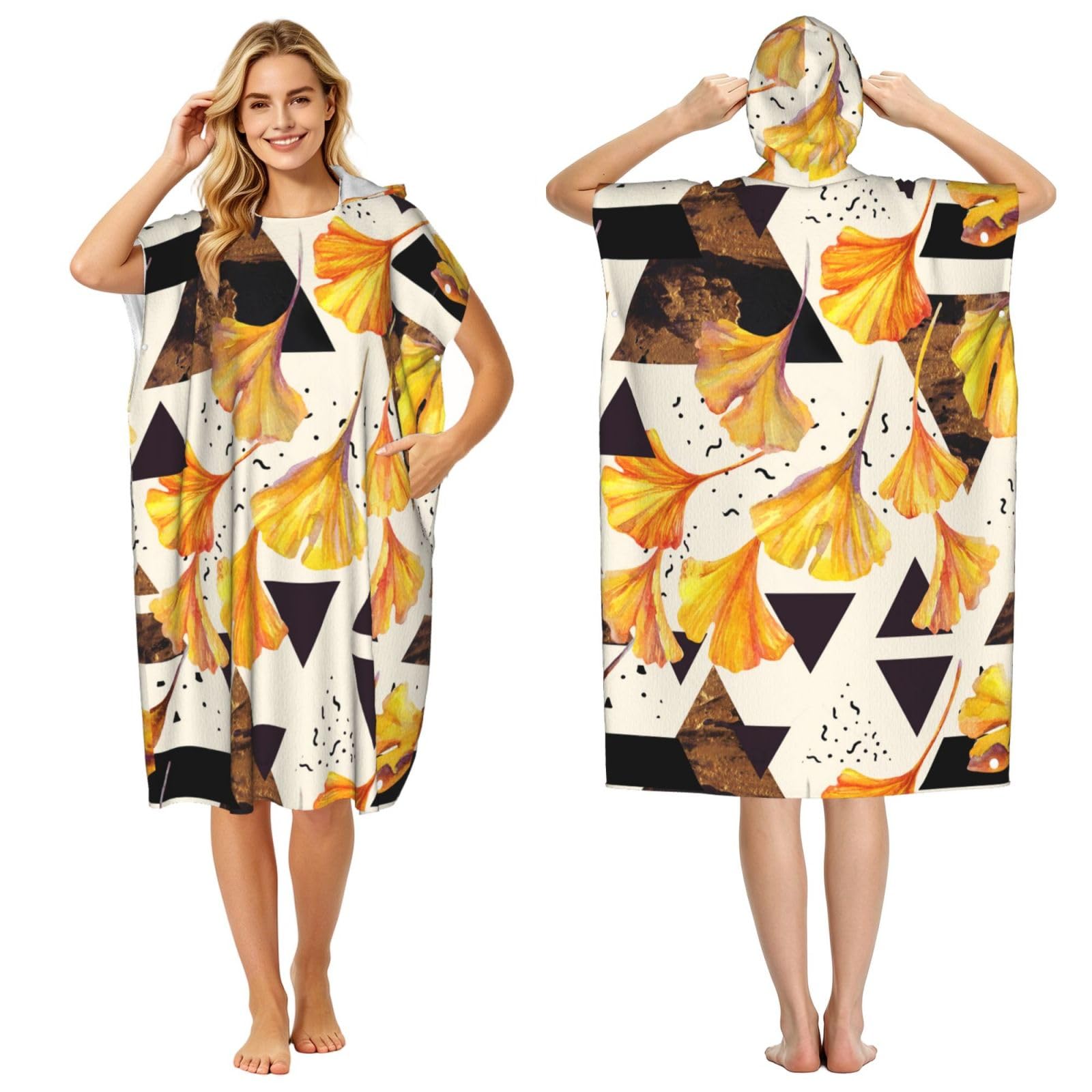 Poadnly Autumn Colors Ginkgo Leaves, Adult Hooded Beach Towel 90 x 110 cm,Changing Bath Robe, Surf Poncho Towel For Women Men