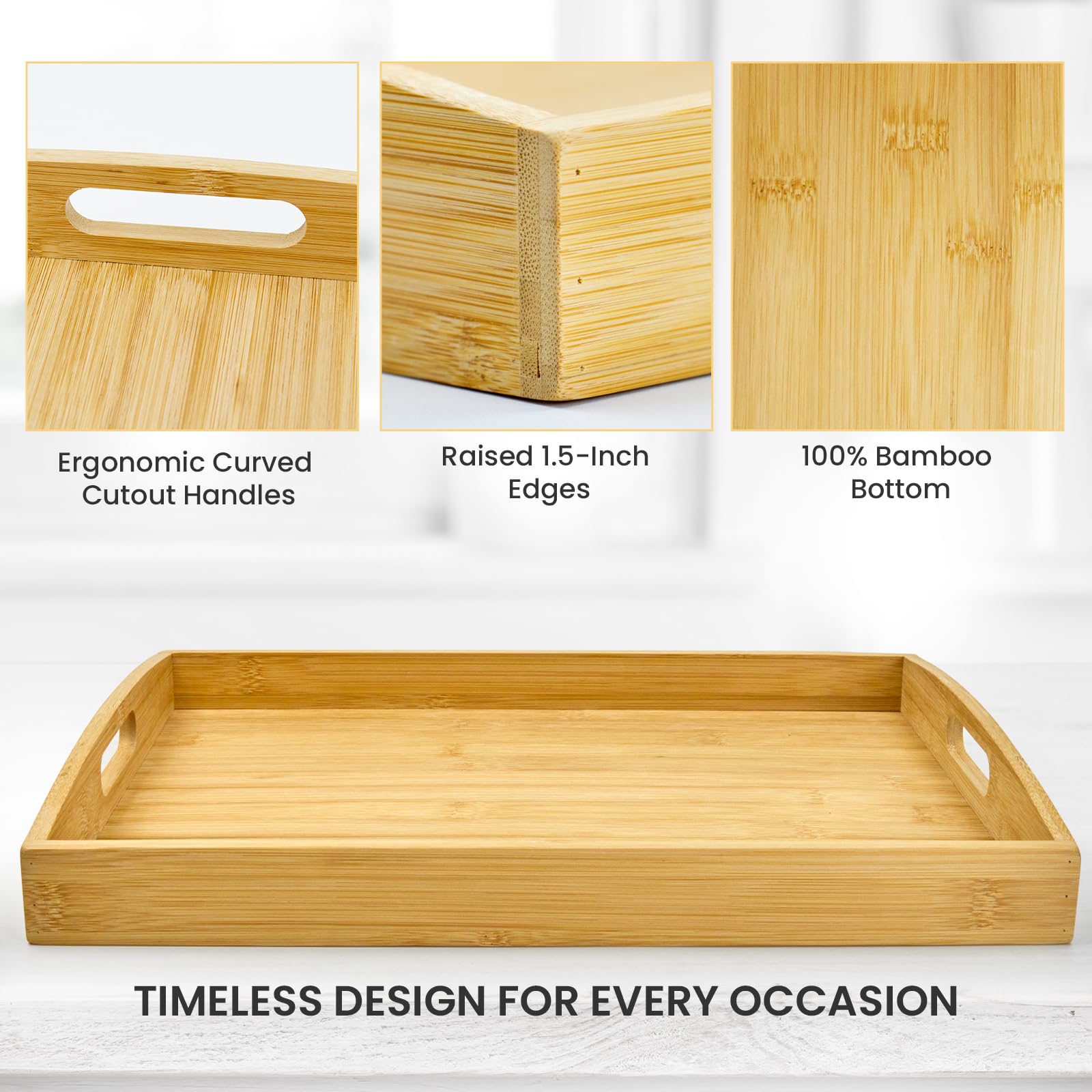 Juego de 2 bandejas de bambú para servir con asas, bandejas decorativas de madera para comer, trabajar y almacenar, adecuadas para su uso en dormitorio, sala de estar, cocina, baño, escenarios