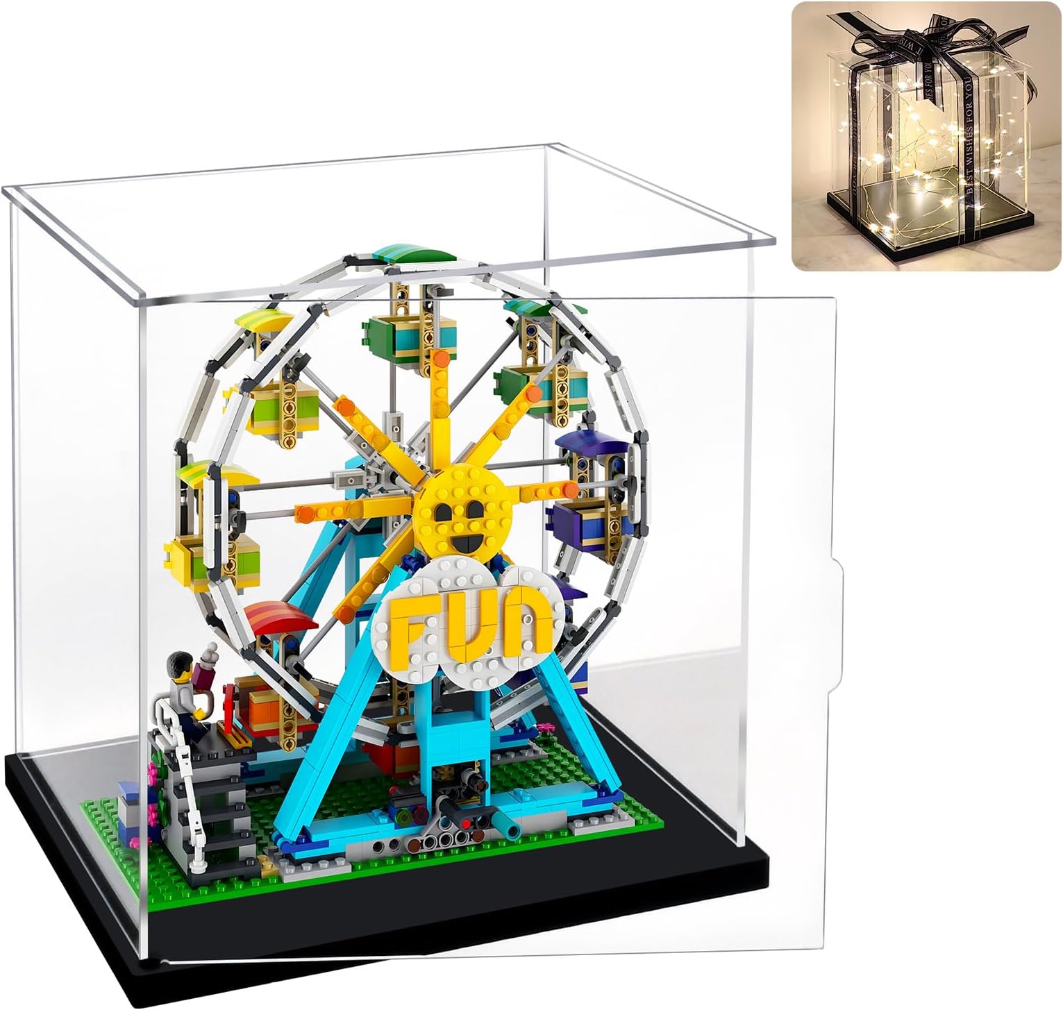 LANSCOERY Clear Acrylic Display Case with Ribbon, Assemble Cube Display Box Stand with Thick Black Base, Dustproof Showcase for Collectibles Memorabilia Figurines (5.9x5.9x5.9inch;15x15x15cm)