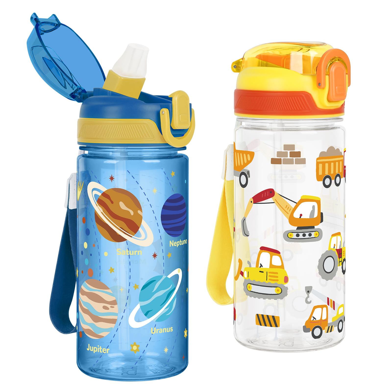 Kids Water Bottles with Straw Tritan 2 Pack 480ML -Excavator & Solar System