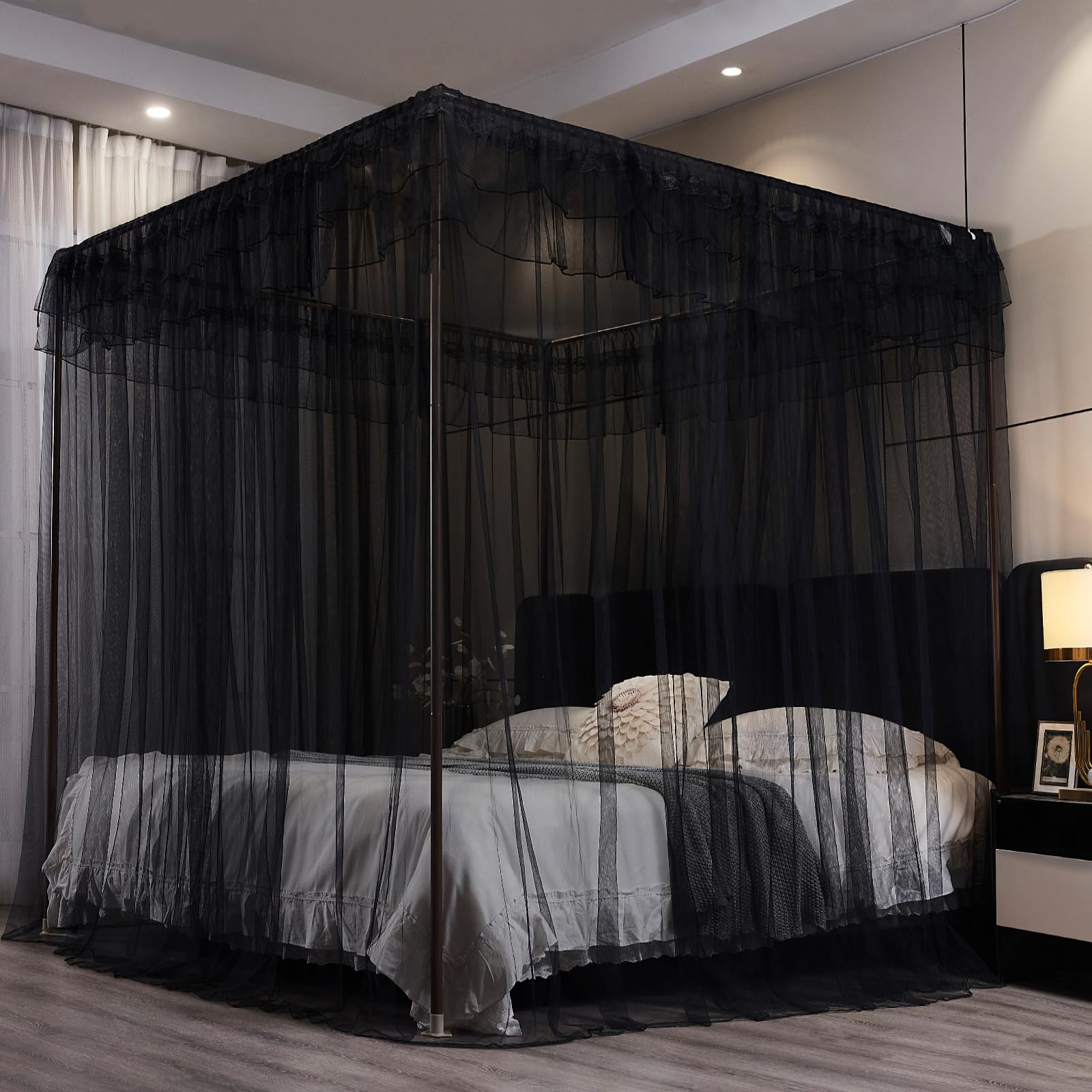 Kertnic Betthimmel-Vorhänge für Mädchen und Erwachsene, Queen-Size-Bett, Baldachin, Vorhänge, Netz, praktisches Moskitonetz für Bett, Schwarz, Kingsize-Bett - 218,4 cm B x 198,1 cm L x 208,3 cm H