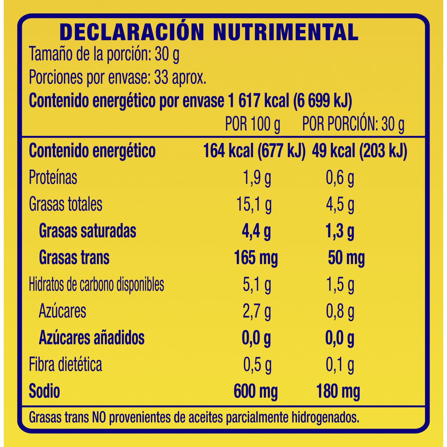 Nutritional Declaration for Hellmann's Cheddar Cheese Dressing