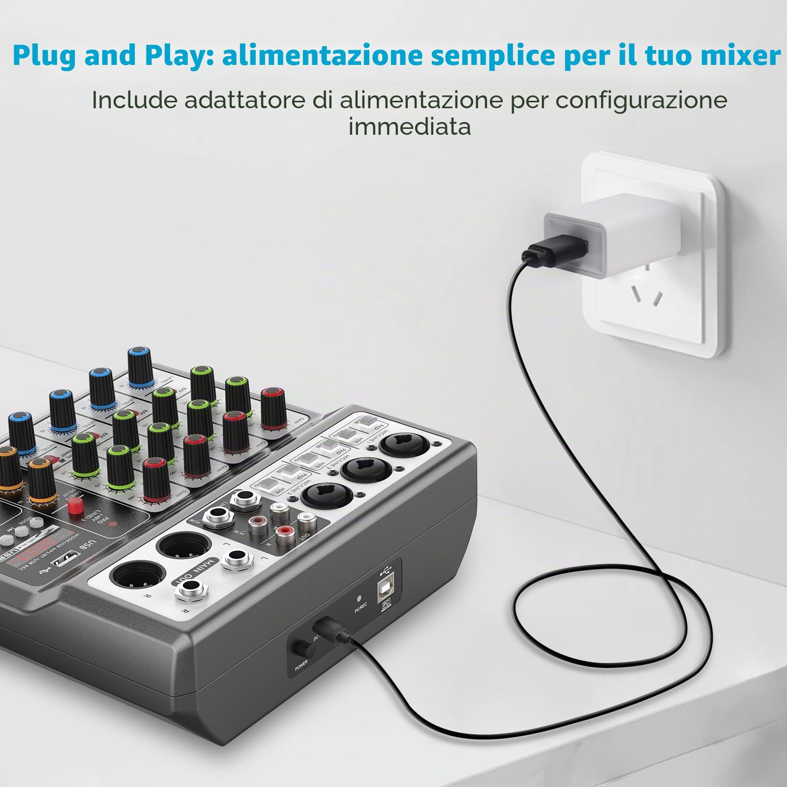 Aveek Audio Mixer, Console di Mixaggio con Scheda Audio Digitale a 5 Canali USB Bluetooth effetto ritardo, ingresso 48 V Phantom Power Stereo DJ Mixer per registrazione, streaming live e podcasting