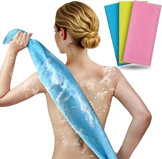 Exfoliating Extra Long Washcloth Body Scrubber Back Scrubber for Shower Japanese Beauty Washcloth Bath Wash Cloth Korean Exfoliation Luffah Towel Net Sponge Loofah Body Scrub 3 Pack