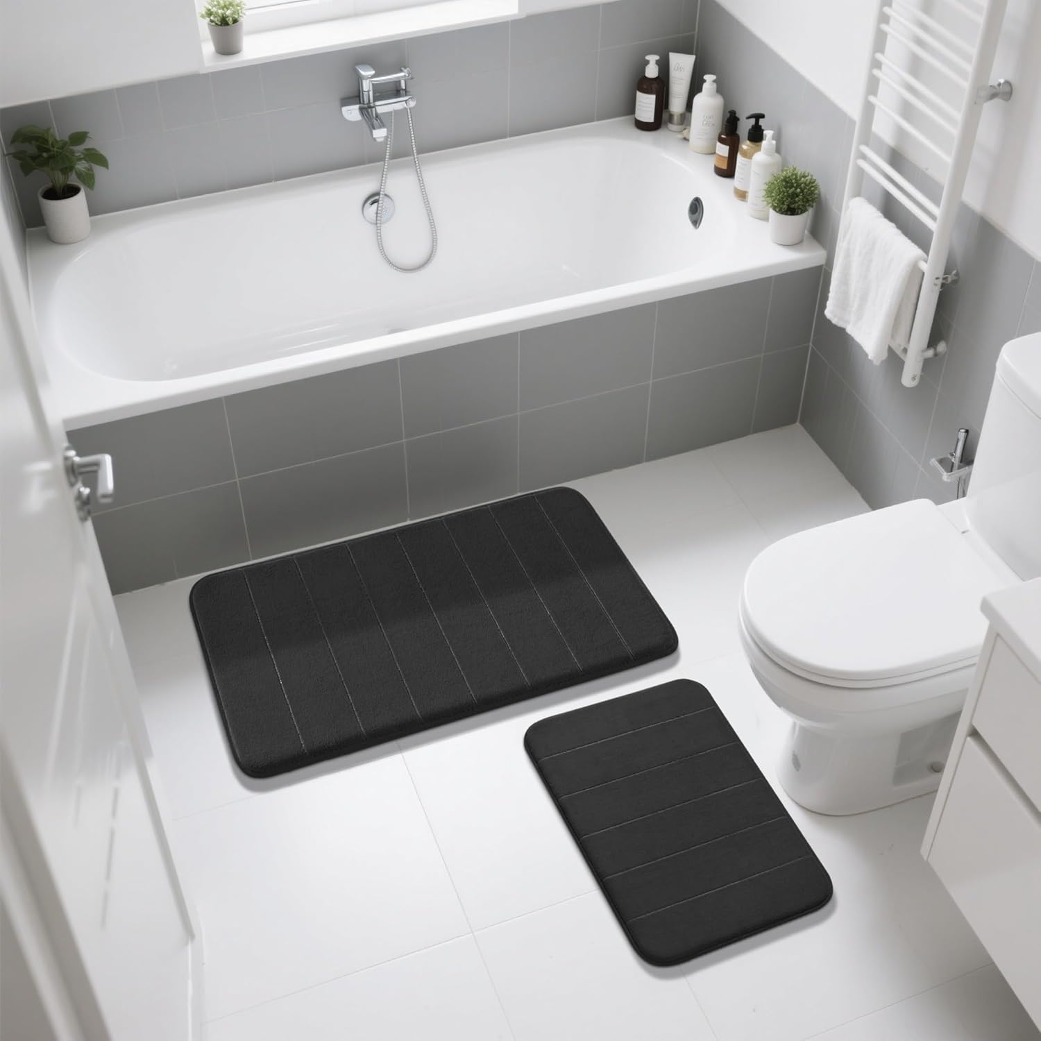 Yimobra Memory Foam Bathroom Rugs Sets 2 Piece - Super Soft Absorbent Quick Dry Bath Mat Set, Machine Washable Non Slip Floor Carpet for Tub Shower & Single Sink (17x24 & 31.5x20 Inch, Black)