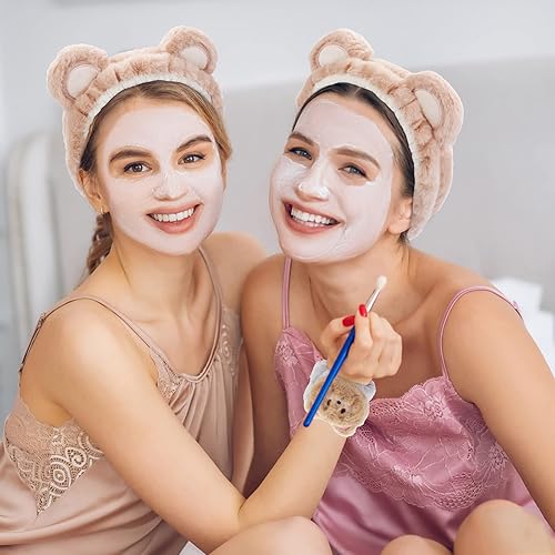 Miniatura 7 de WHAVEL Juego de 3 diademas de spa y muñequeras, lindas diademas de orejas de oso para lavar la cara, maquillaje, diadema facial, muñequeras para