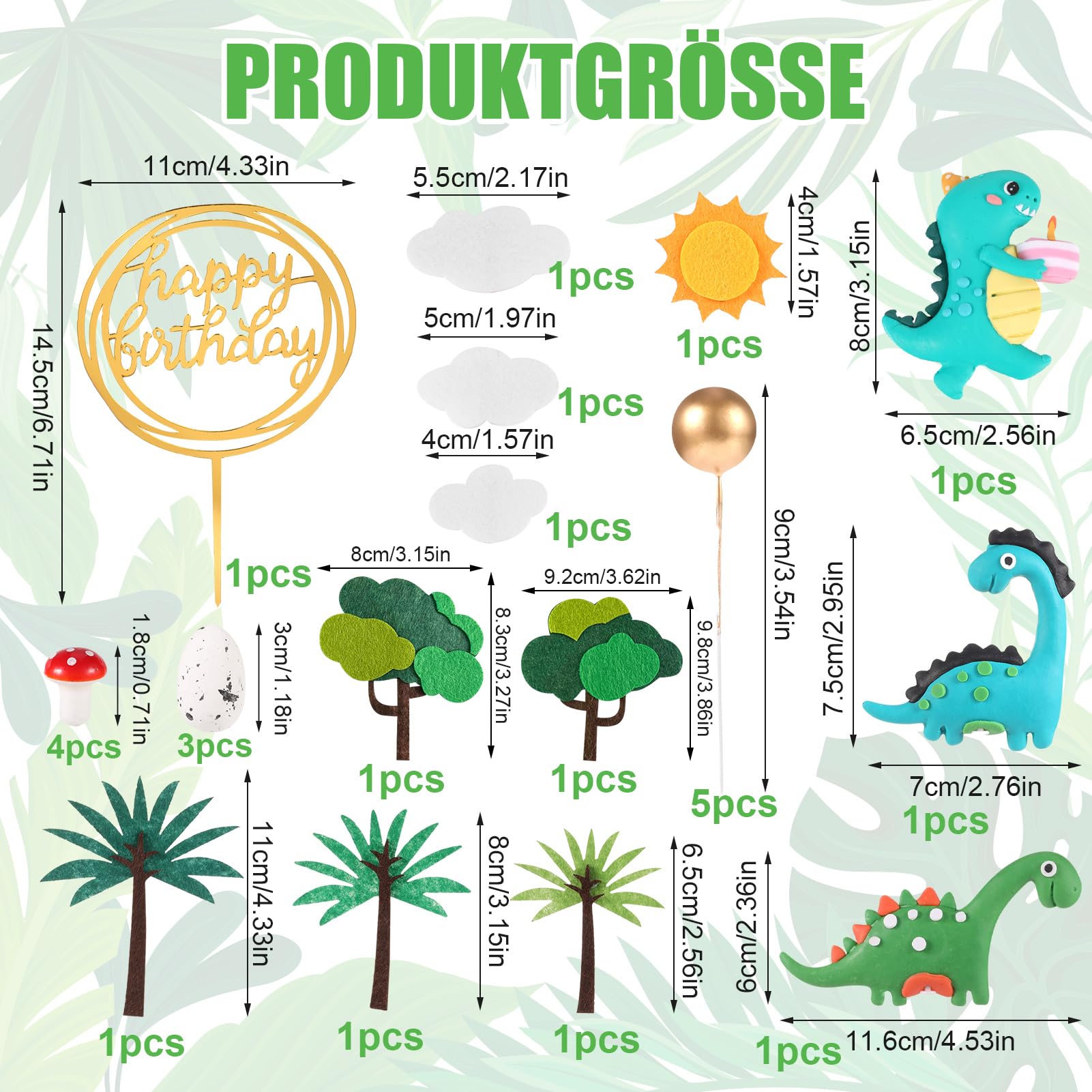 Dinosaurier Cake Topper Set – 4-teilige Geburtstagskuchen-Deko Mit Grünen Blättern & Dino-Motiven