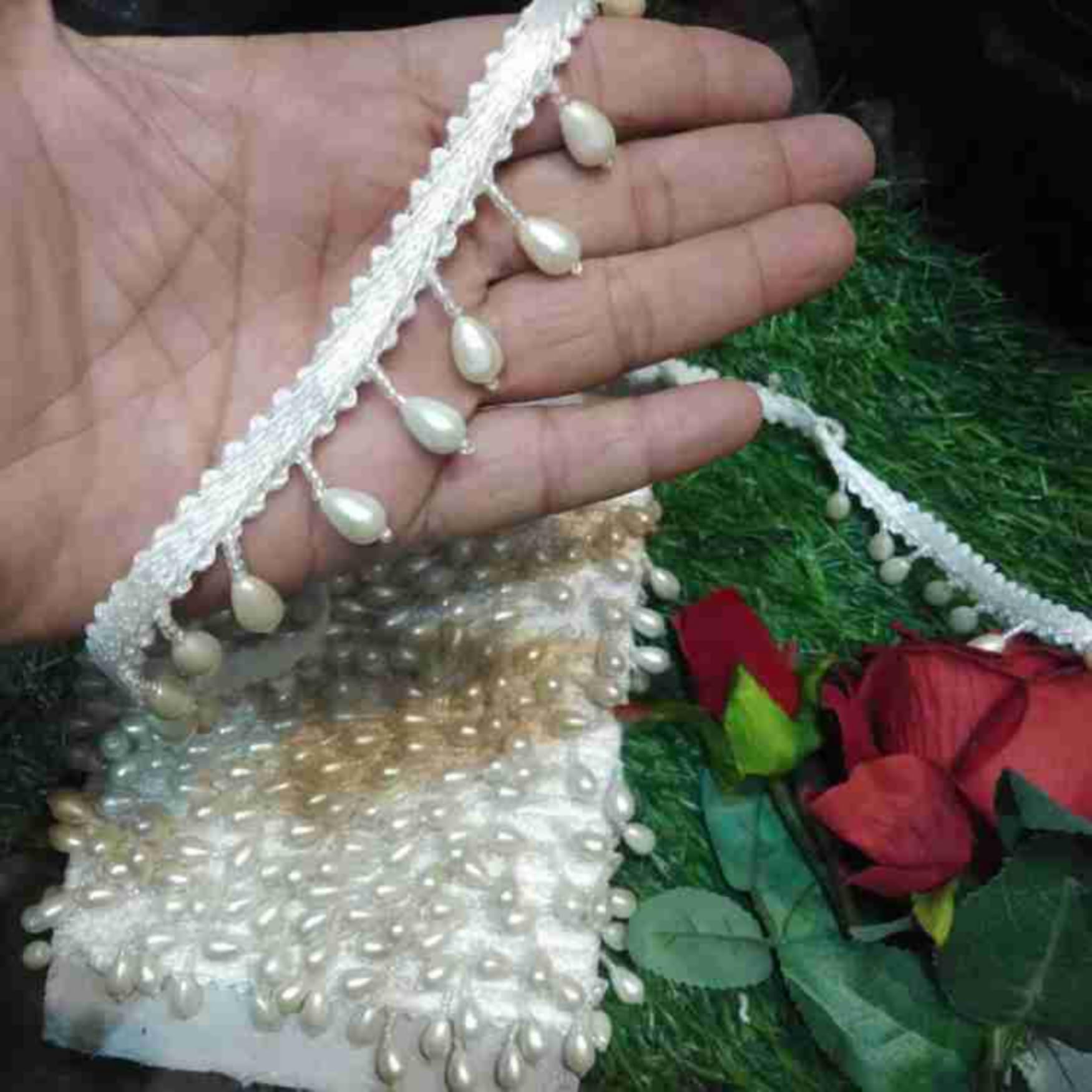 LACESNMORE Hanging lace Half White Ivory Beads with Drop Tear Design Pearl Multi Purpose latkan Ribbon use Blouse Dresses Western Crafting DIY (Cream, 4meter)-image-33
