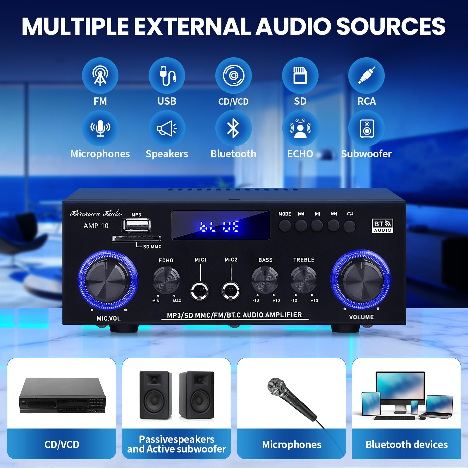 AMP-10 Bluetooth Amplifier RMS 50WX2 Home Stereo Audio Amplifier 2.0K Max 600W Output Mini Power Amplifier with FM Radio Echo Microphone USB SD Input for Home - 4