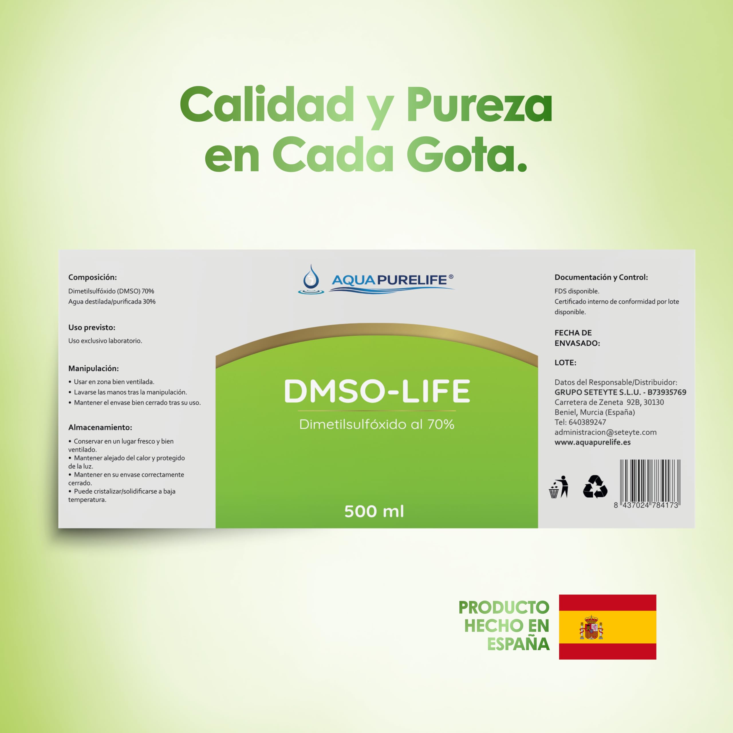 DMSO 70% avec compte-gouttes | Diméthylsulfoxyde 500 ml, qualité pharmaceutique | Solvant organique incolore | Flacon en verre ambré - Spray de 15 ml inclus