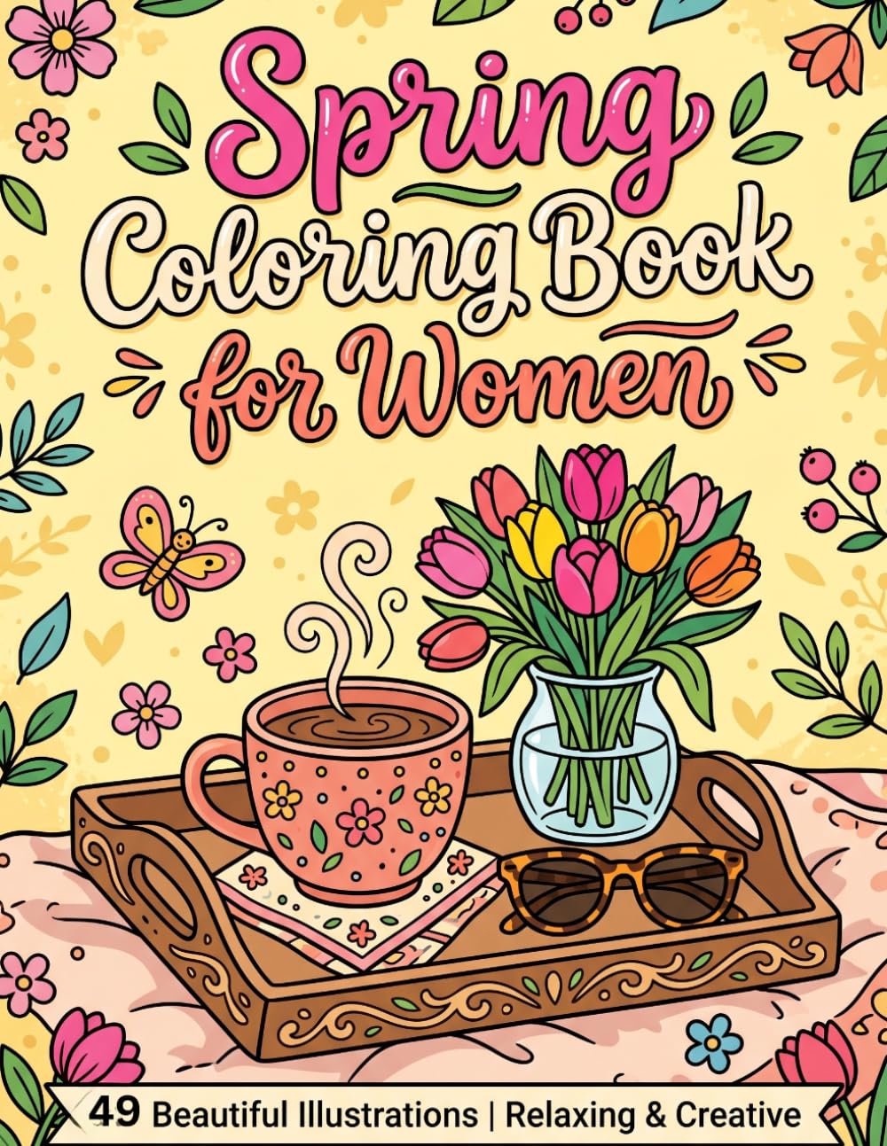 Spring coloring book for women: Relaxing and Easy Bold Designs Featuring Cozy Springtime Scenes, Florals, and Self-Care Aesthetics for Stress Relief