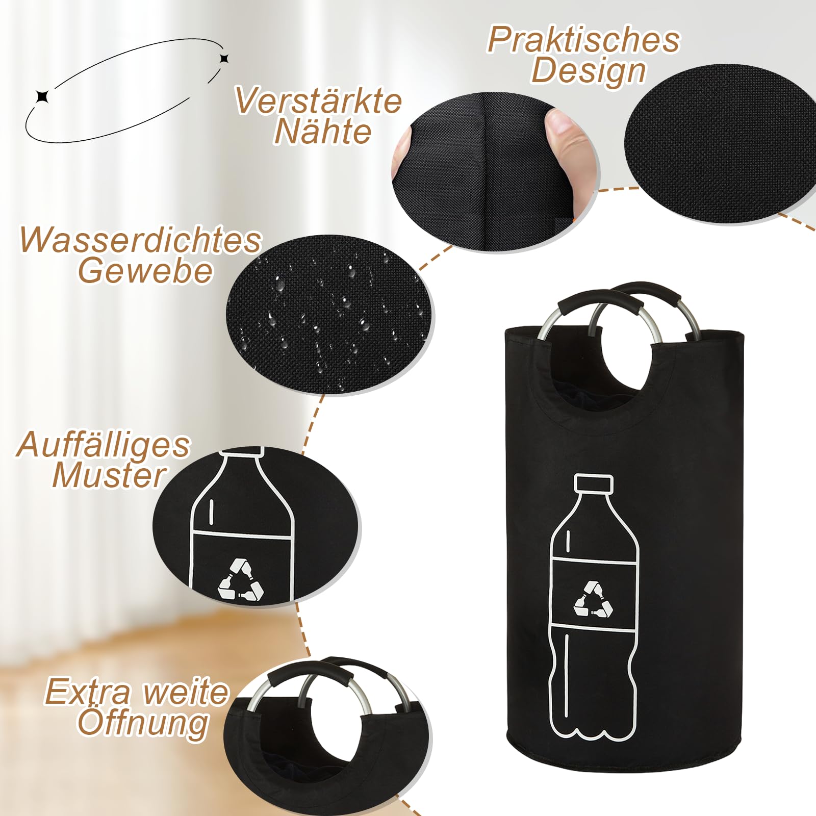 Raccoglitore di Bottiglie 115L, Pattumiera Differenziata per Carta Plastica Vetro, Contenitore Cucina con Manico in Alluminio—Nero