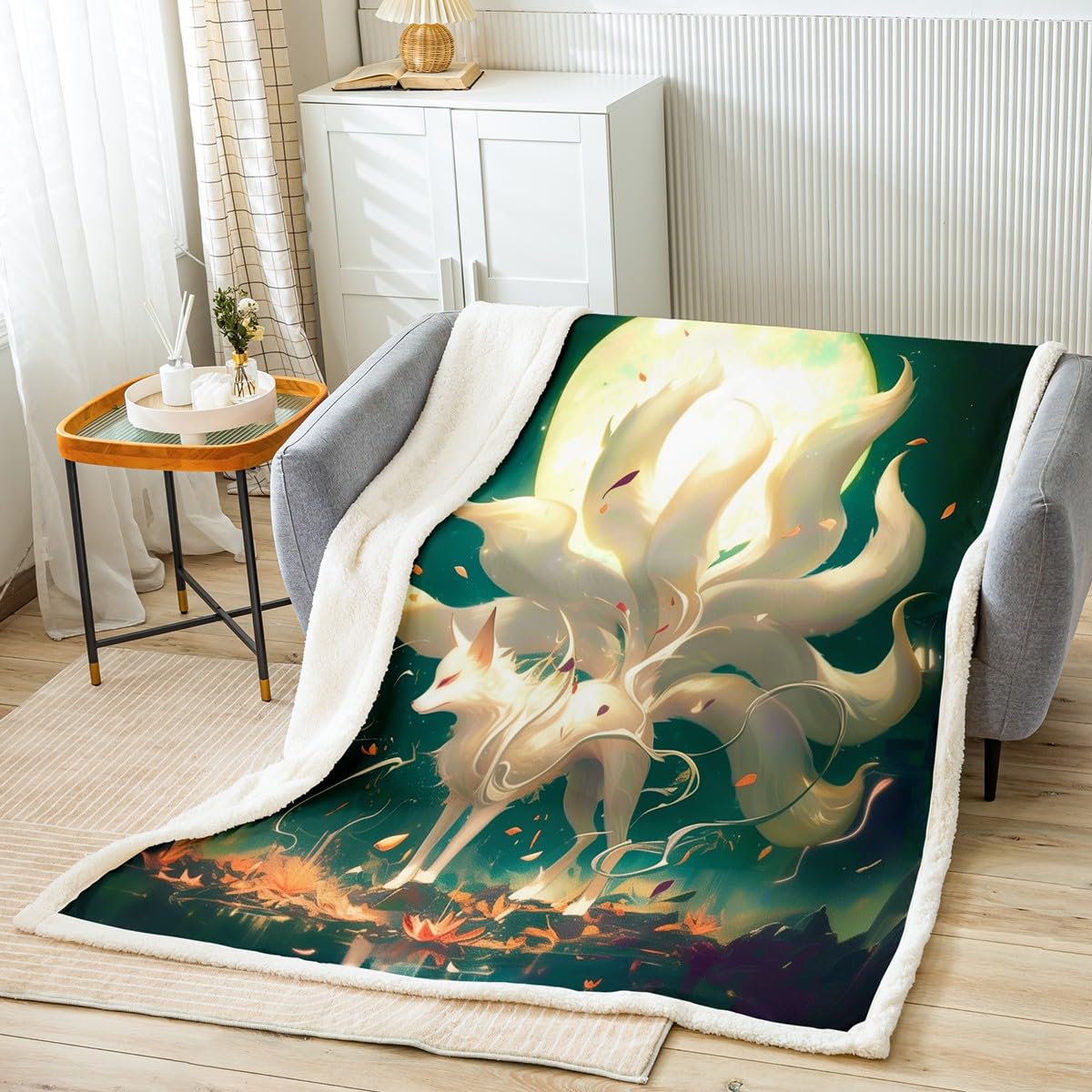 Japanese Ukiyoe Fox Throw Blanket,Moon Night Galaxy Exotic Animals Fleece Blanket,Kids Boys Girls Room Decor,Autumn Fall Leaves Fuzzy Blanket Retro