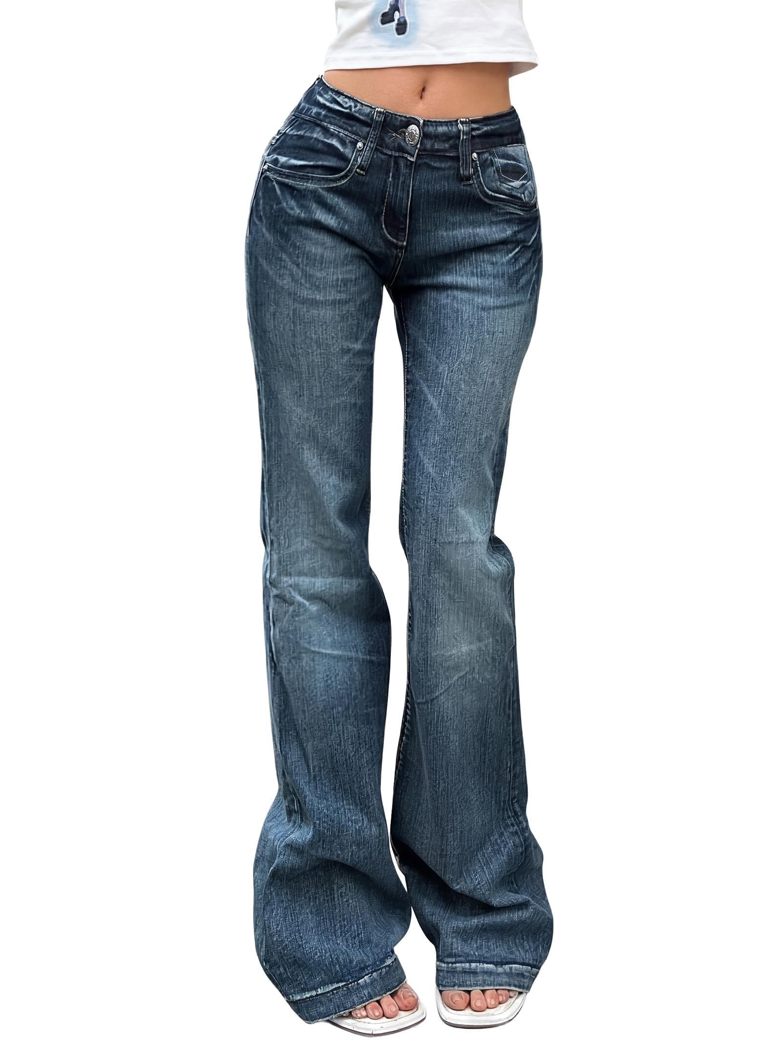 EMMIOL Flared Jeans Damen Mid-Low Waist Curvy Jeanshose Dunkelblau S | Y2K Slim Fit Stretch Denim Bootcut, Elegante Vintage Schlaghose, mit Vorder und Hintertaschen