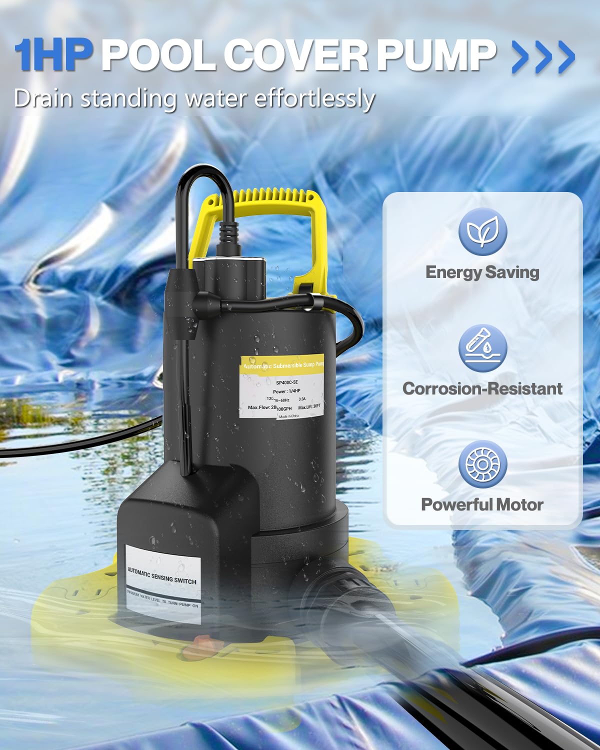 Bomba automática de cubierta de piscina – 1 CV 5000 GPH bomba de agua sumergible con válvula antirretorno y 3 adaptadores, cable de 7,6 m para bombas sobre el suelo, sistema de encendido/apagado