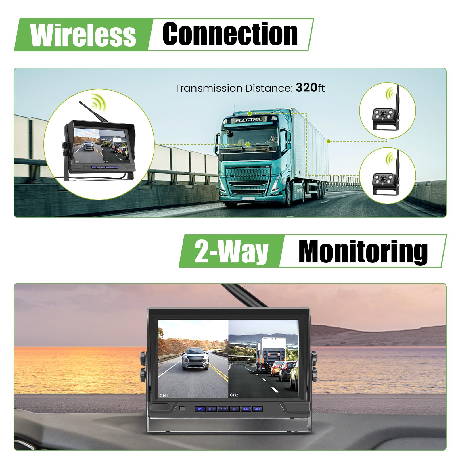 9 Zoll IPS Monitor Digitales Kabellos Rückfahrkamera Set, mit Toter-Winkel-Warnung, Wasserdicht Rückfahrkameras Funk 2 Kameras Aufzeichnung, Nachtsicht, Anhänger/LKW/PKW/Wohnmobil, 12V-24V