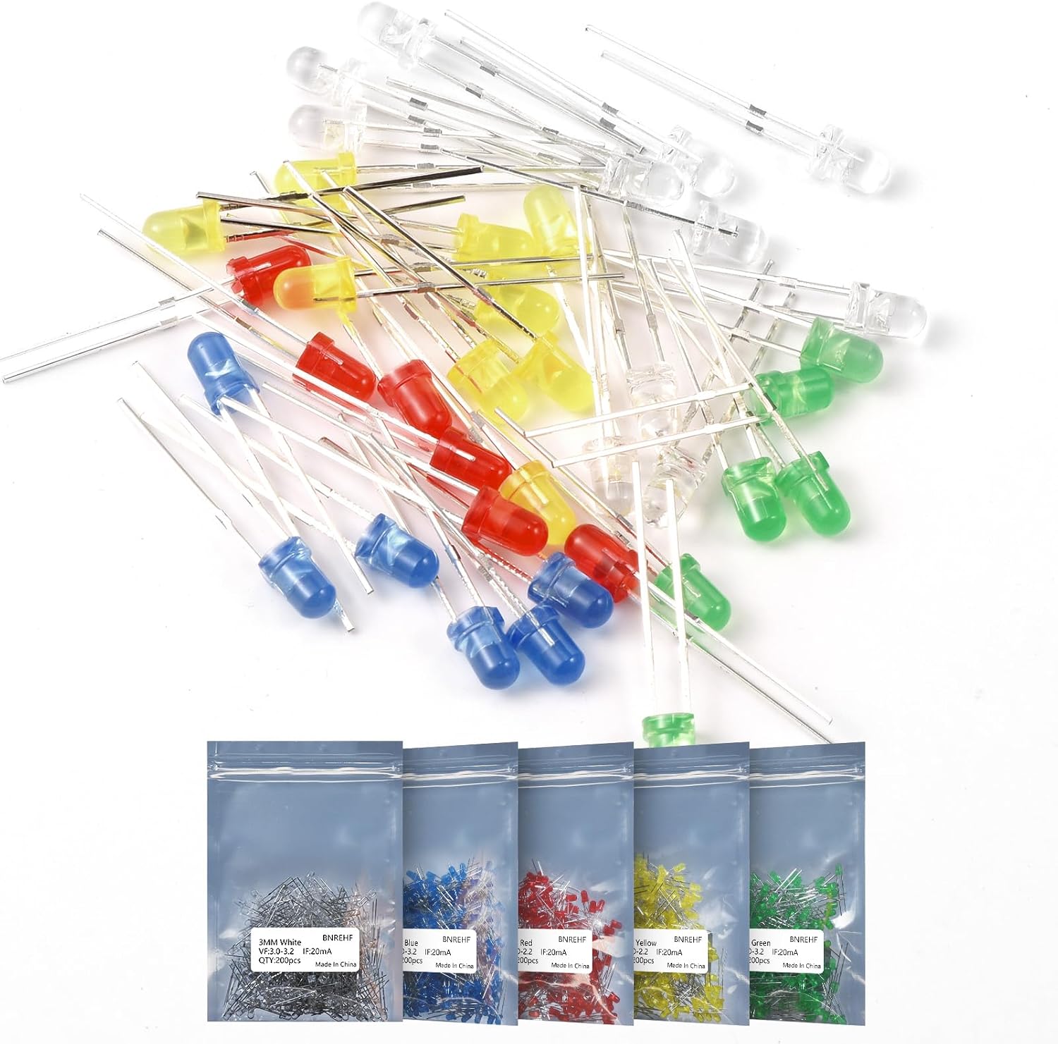 LED Kit 1000 pcs 3MM LED 5 Color x 200pcs,White,red,Yellow, Green,Blue led diode, 2-pin Circular for Christmas Light Replacement and Scientific Projects