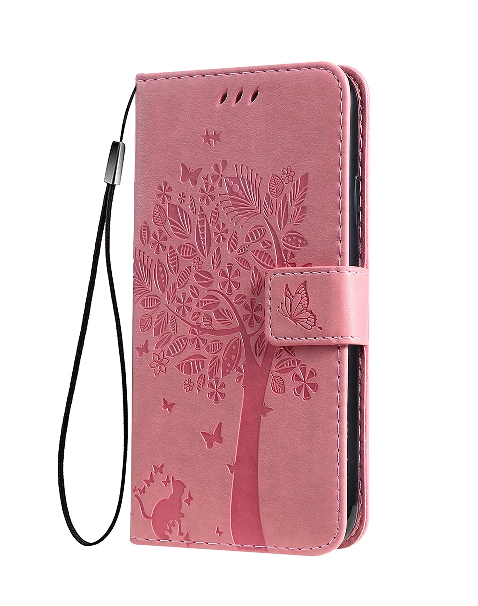 SEAHAI Cover Portafoglio Per Xiaomi Redmi Note 13 5G, Design Gatto E Foglie In Rilievo, Pelle Con Cinturino E Supporto (Rosso) - 3
