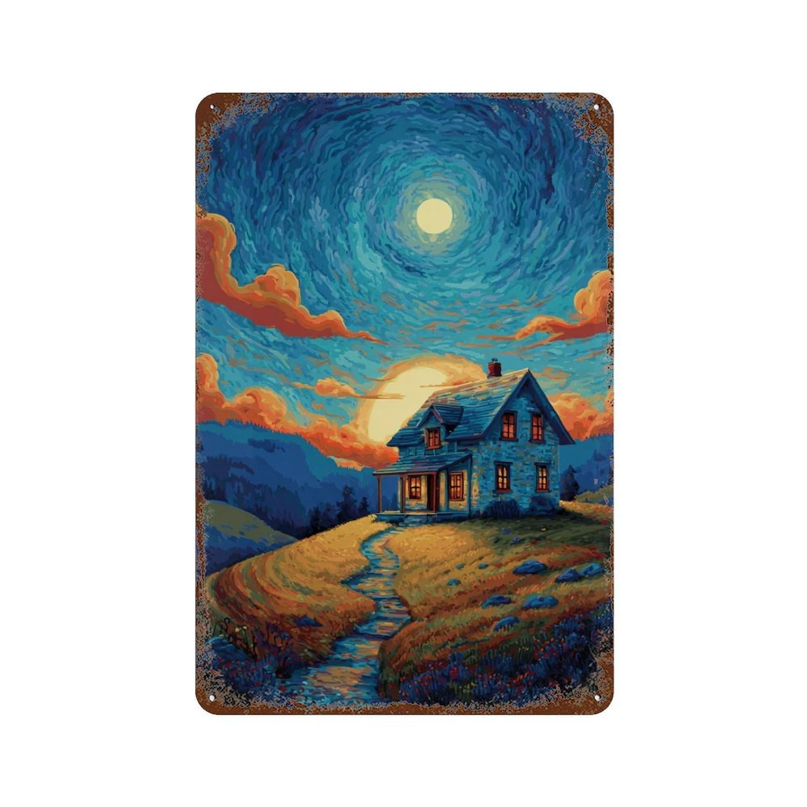 Distressed Metal Wall Sign Cozy Moonlit Cottage Scene 11.8"x7.9", Rustic Home Decor for Farmhouse, Kitchen And Entryway Decor