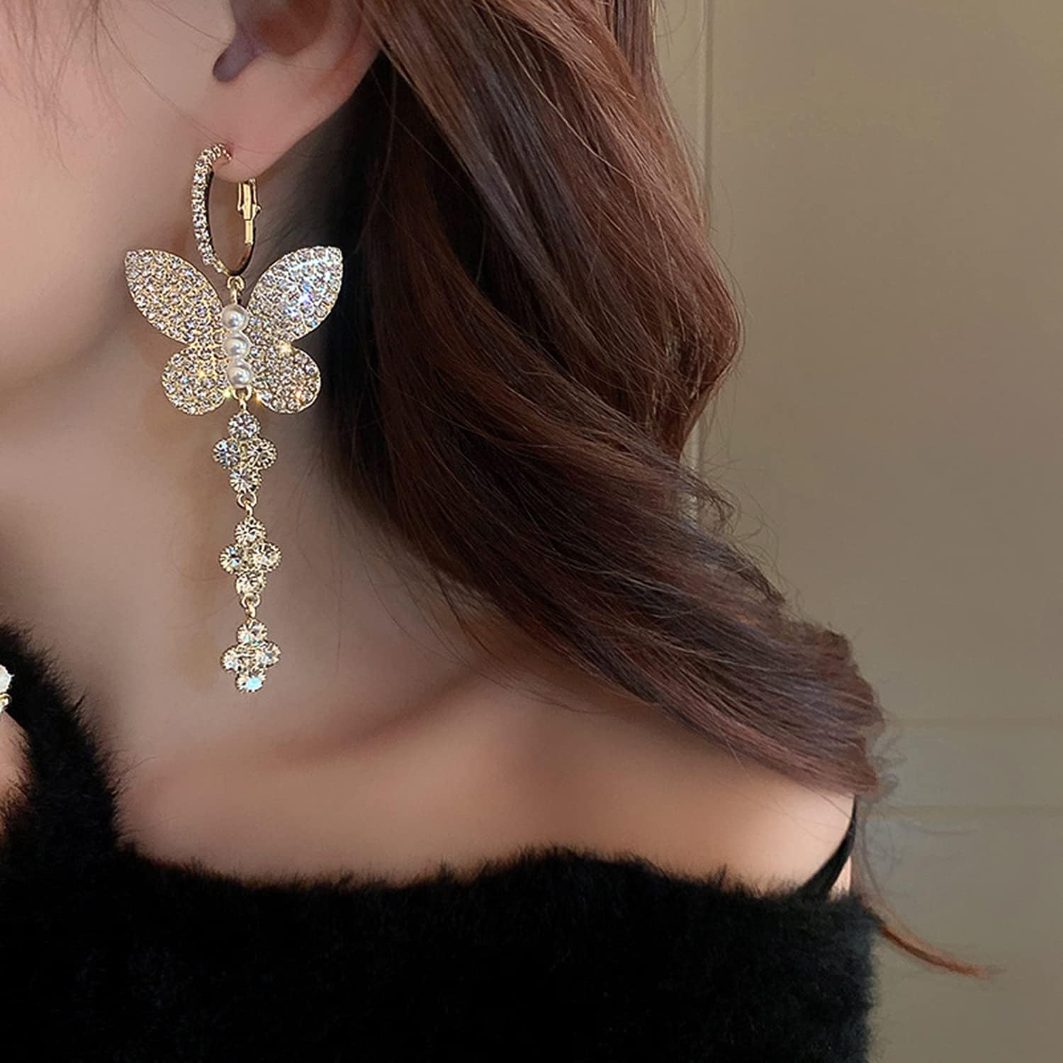Wekicici Butterfly Rhinestone with Full Rhinestone Pearl Dangle Hoop Earrings Bohemian Crystal Long Tassel Dangle Earrings Fashion Accessories for Women - Image 3
