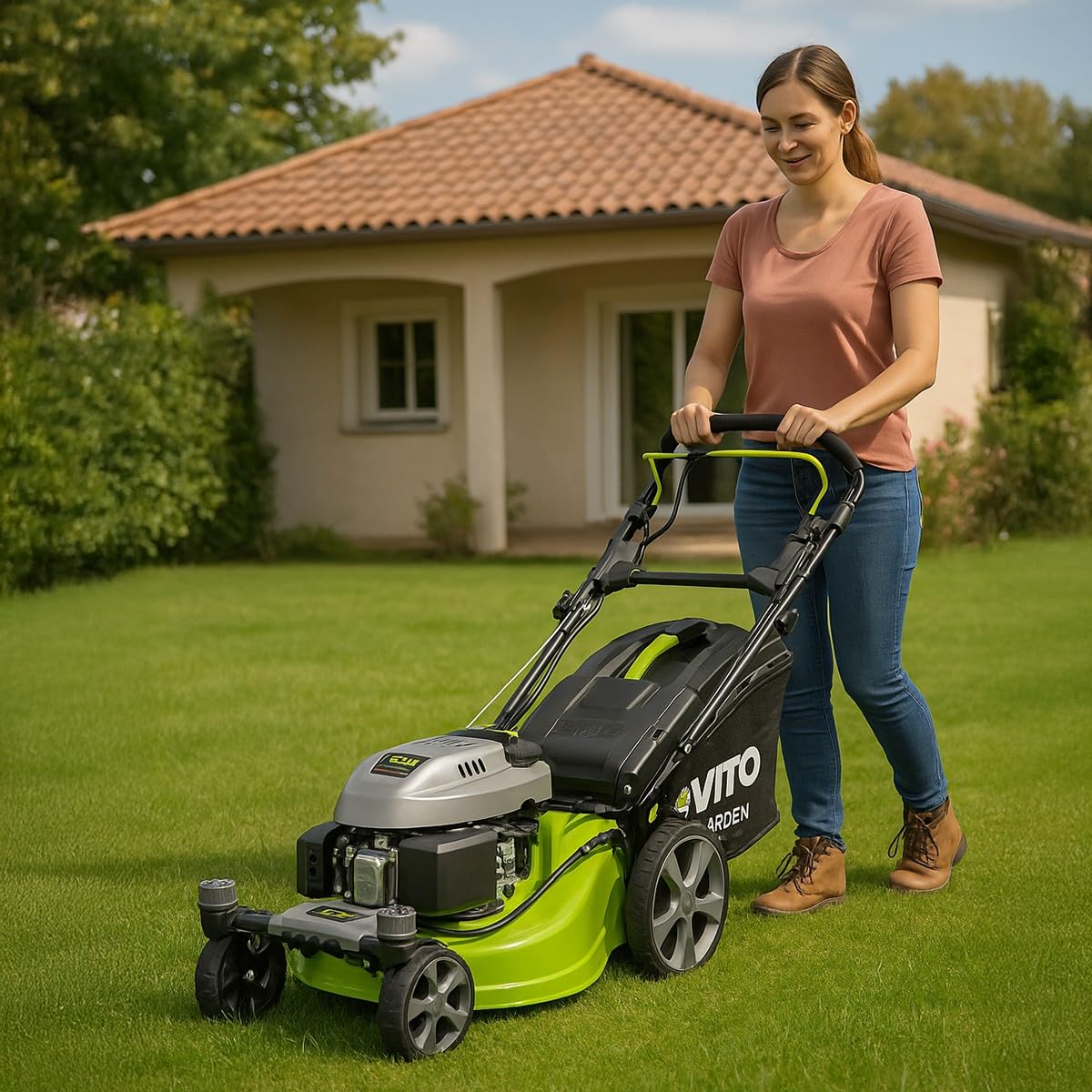 VITO - Cortacésped térmico de gasolina profesional 6,5 CV 196 cm³ - Ruedas delanteras giratorias 508 mm 6 alturas (25-75 mm) Mulching Eyección Lateral/Trasera Superficie 2000 m²