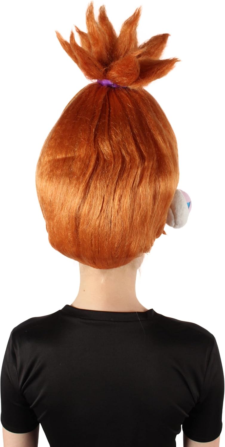 HPO Adult Women's Animated DJ Troll Orange Wig with White Costume Earphones, Synthetic Soft Fiber hair, Perfect for your next Festival and Holiday Party!