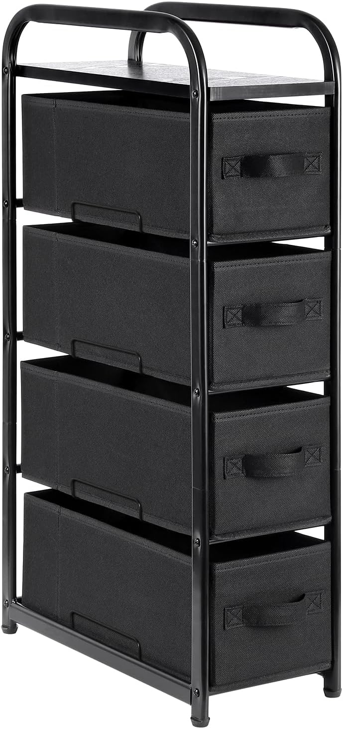- MAX Houser 4 Drawer Narrow Dresser Fabric Storage Tower Vertical Slim Storage Chest Organizer Nightstand Side/End Table Small Standing Organizer Removable Drawers Wood Top for Bedroom, Bathroom（Black)
