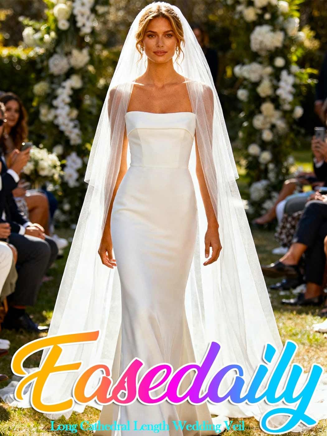 EASEDAILY Bride Wedding Veil Long Cathedral Chapel Length Veils 1 Tier Bridal Tulle Veil with Comb and Cut Edge - Image 2