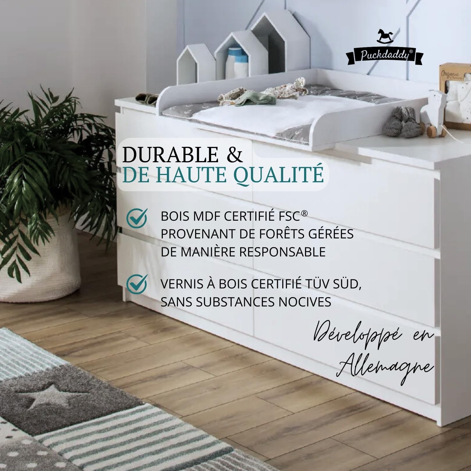 Puckdaddy® Plan à Langer Moritz, pour Commode Malm, Blanc, Chambre d’Enfant | Pour commode IKEA Malm, MDF, blanc, plan à langer, surface de couchage 77×76 cm, dimensions 80×78×10 cm