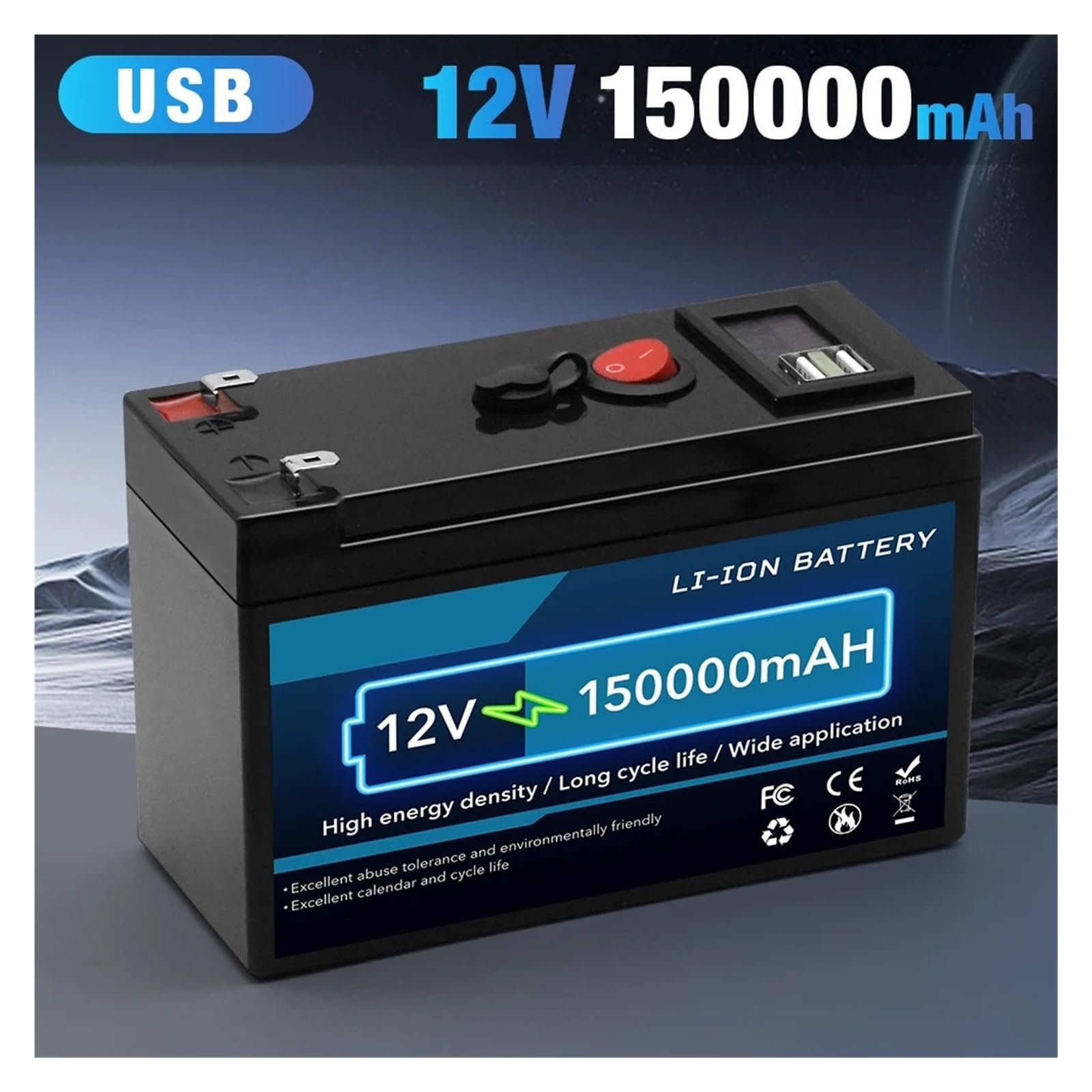 Mise À Niveau De La Batterie Au Lithium 12V 150Ah, BMS Intelligent Intégré USB 120000mAh For Camping-car Solaire, Camping Marin Et Applications Hors Réseau(Charger)