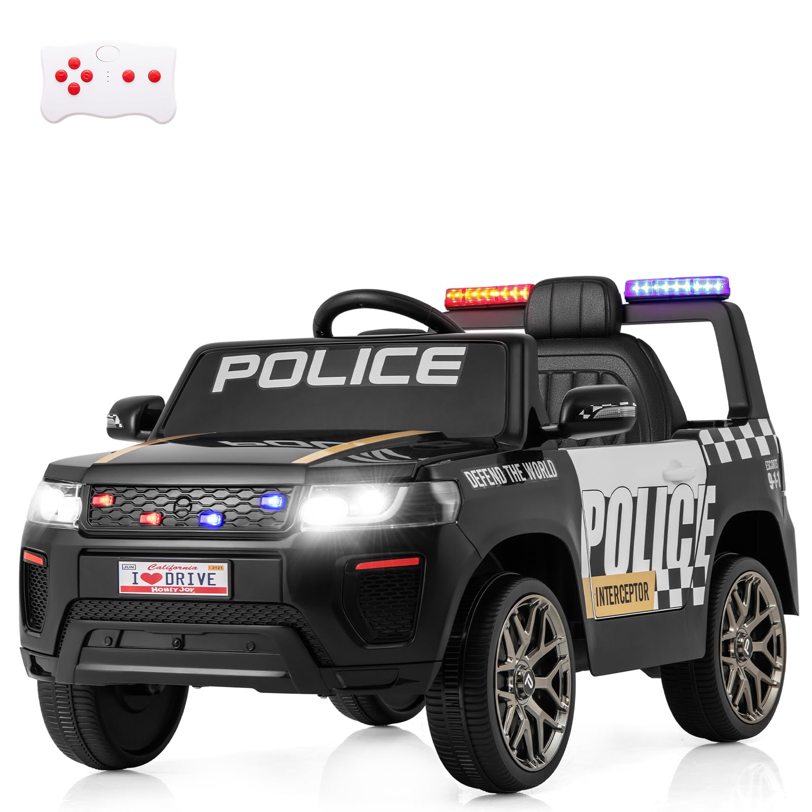 Costzon Police Car Ride on, 12V Battery Powered Toy Cop Cars w/Remote Control, LED Flashing Lights, Music, Horn, Siren, Spring Suspension, Kids Electric Vehicles for Children Ages 3-8 (Dark Black)OEKO-TEX STANDARD 100
