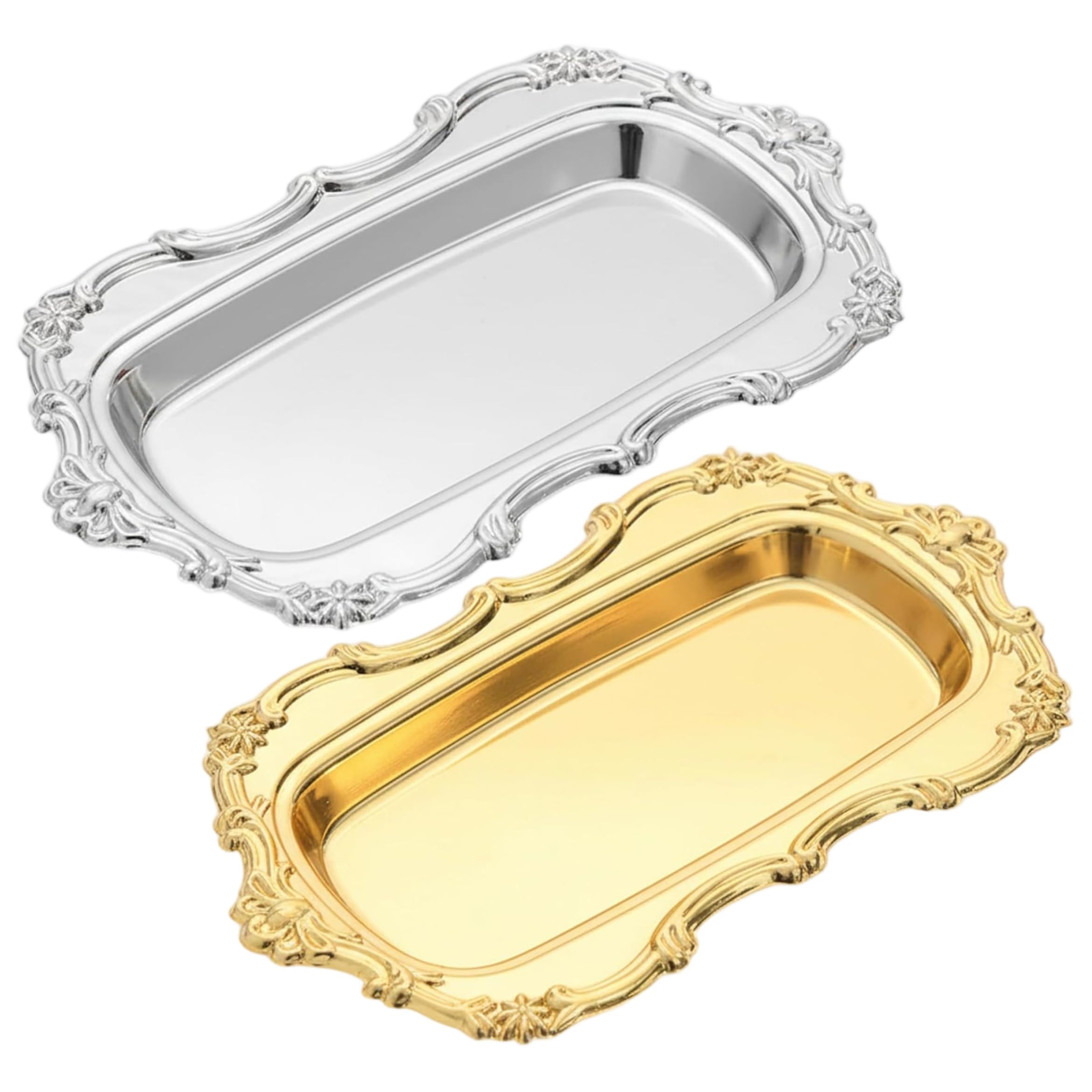 Hperu 2Pcs Metal Serving Tray, 8x5 Inch Decorative Metal Trays, Silver & Gold Engraved Vanity Trays for Perfume, Snacks & Desserts, Jewelry, Silver Platter