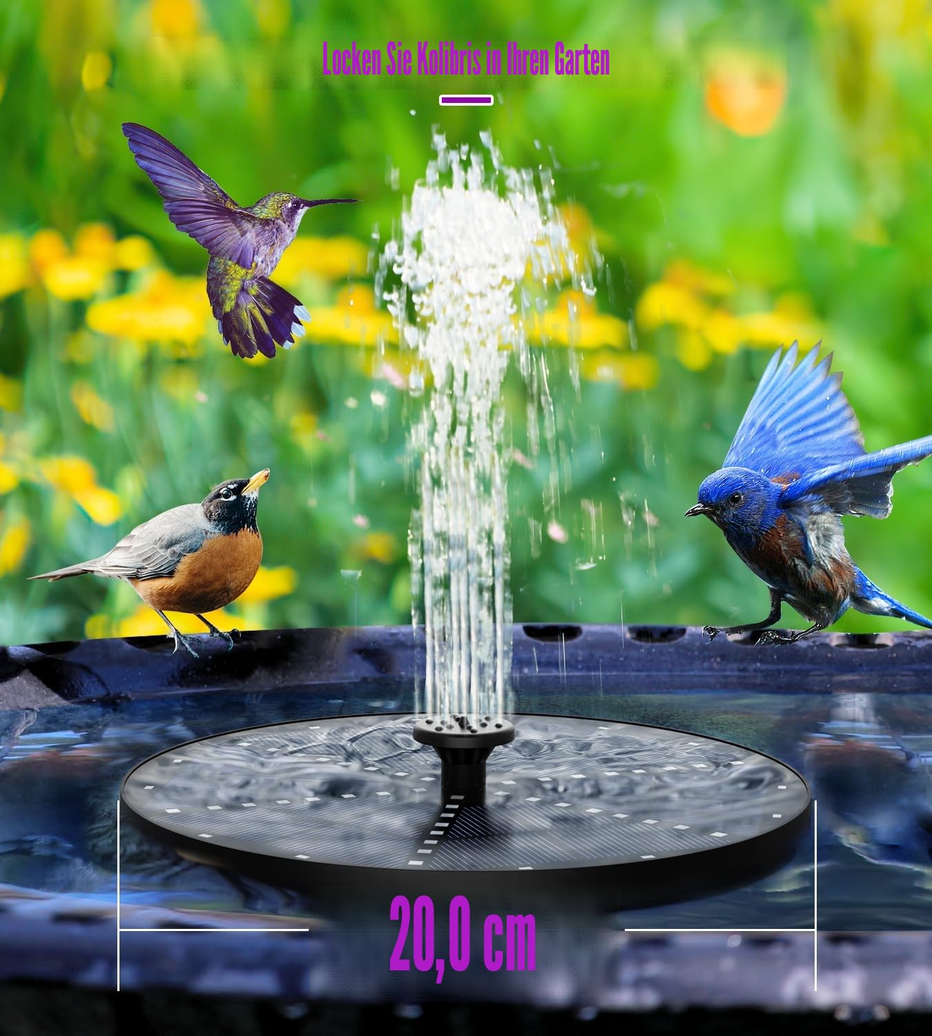 SZMP 4W Solar Springbrunnen für außen mit 4000 mAh Batterie, 60 Bunten LED-Lichtern Solarbrunnen Teichpumpe Solar mit 8 Effekte Solar Wasserpumpe, Solar Schwimmender Fontäne für Draussen, Vogel-Bad