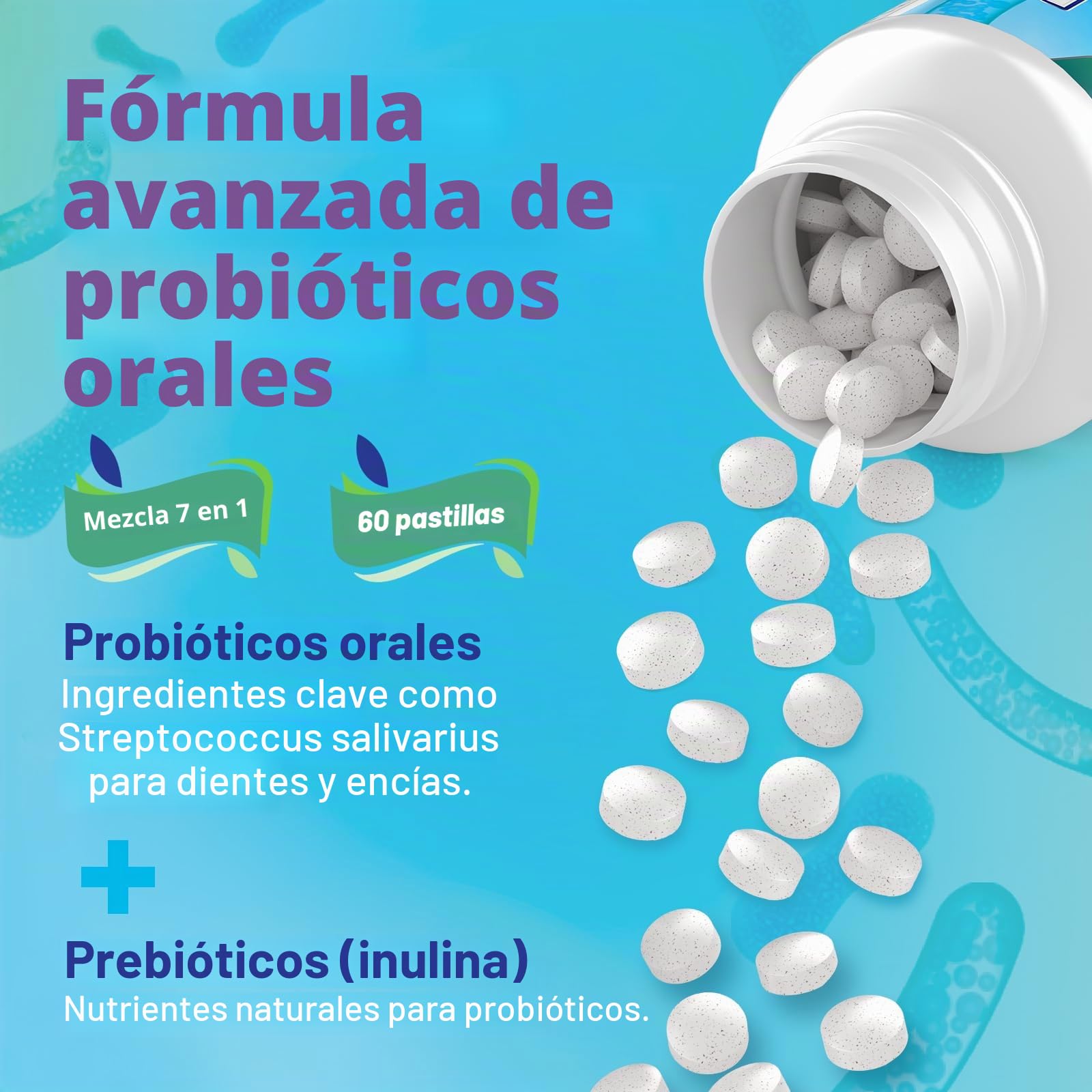 Probiótico Oral 11 Mil Millones de UFC para la Flora Oral, Pastillas Probióticas 7 en 1 con BLIS K12 y M18, Sin Azúcar, Sabor a Menta Natural (60 Unidad (Paquete de 4))