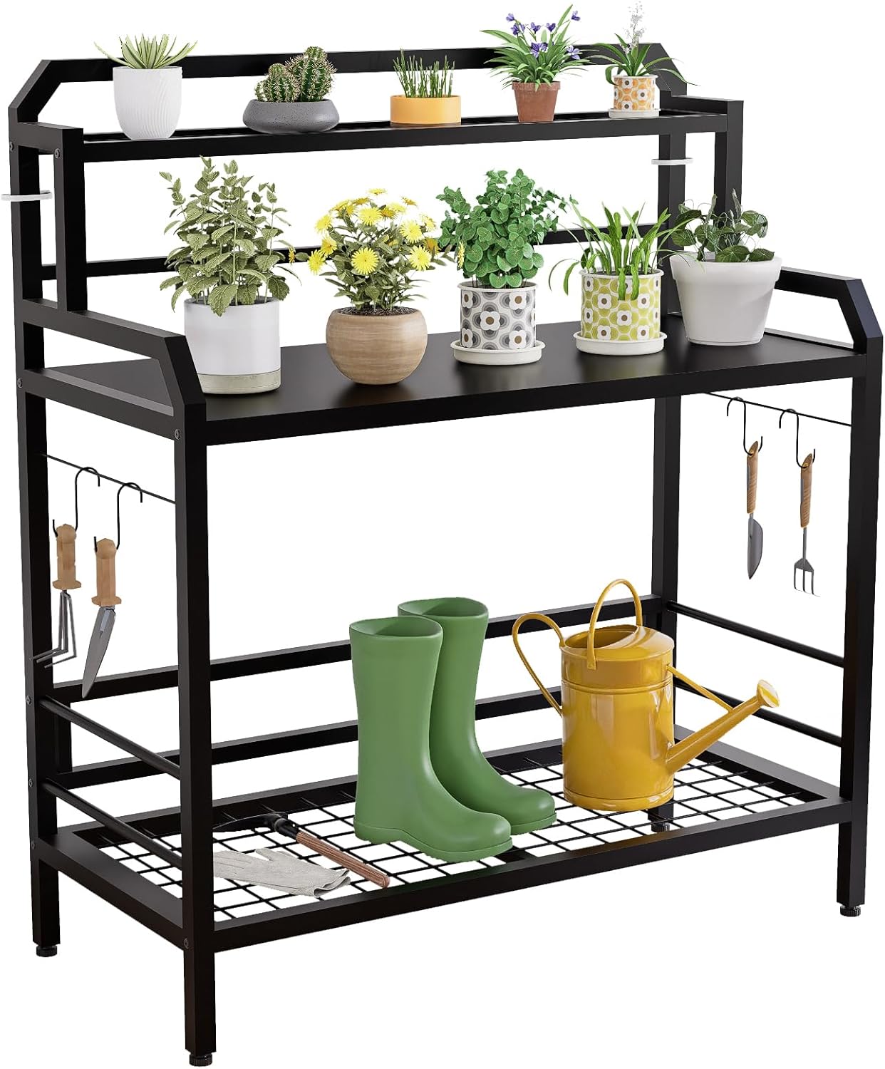 Outdoor Metal Potting Bench Table with Storage,3-Tier Heavy Duty Garden Workbench,All-Weather Gardening Table with 4 Side Hooks,18" D x 39" W x 32" - 47" H,Black